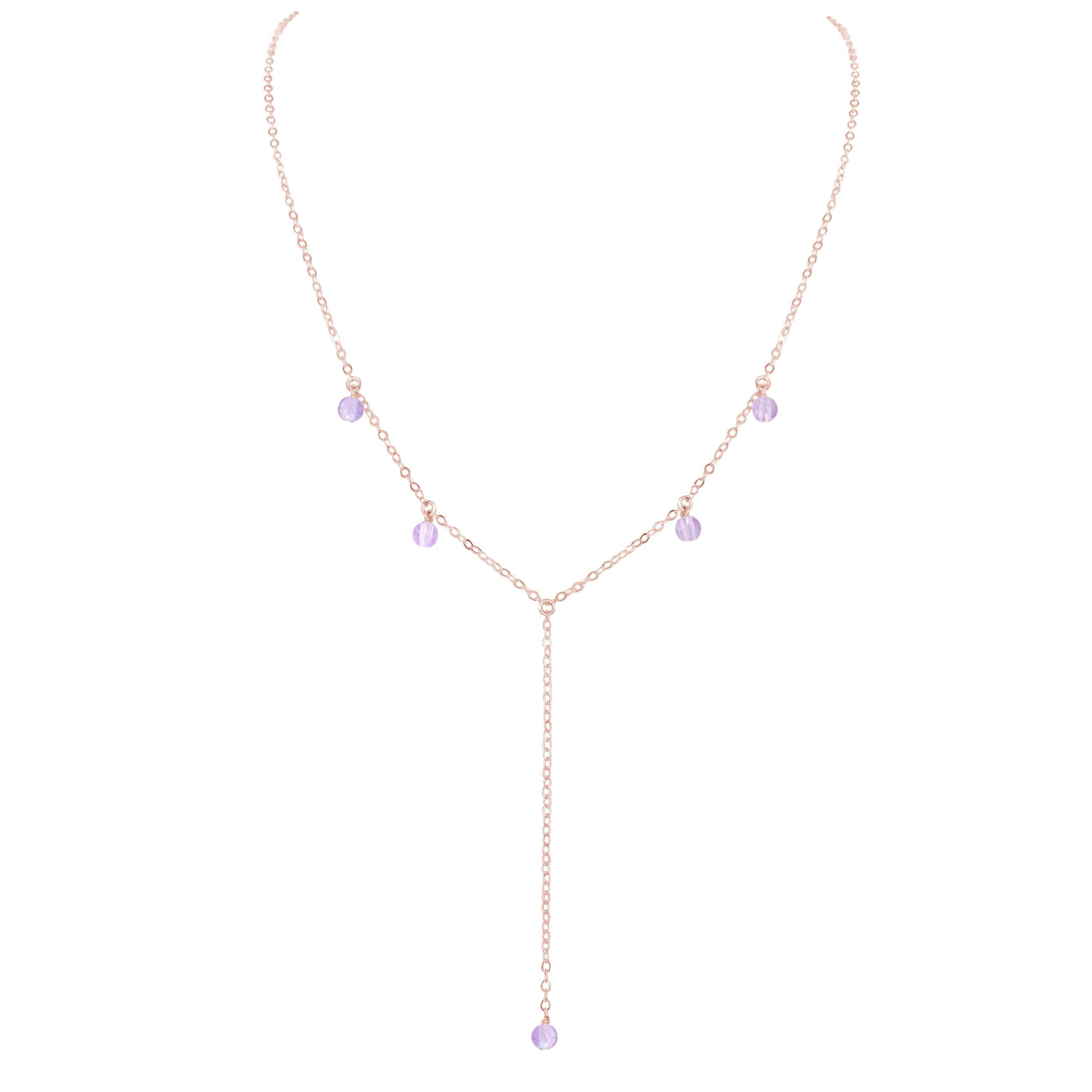 Pink Amethyst Crystal Boho Lariat Necklace - Pink Amethyst Crystal Boho Lariat Necklace - 14k Rose Gold Fill - Luna Tide Handmade Crystal Jewellery