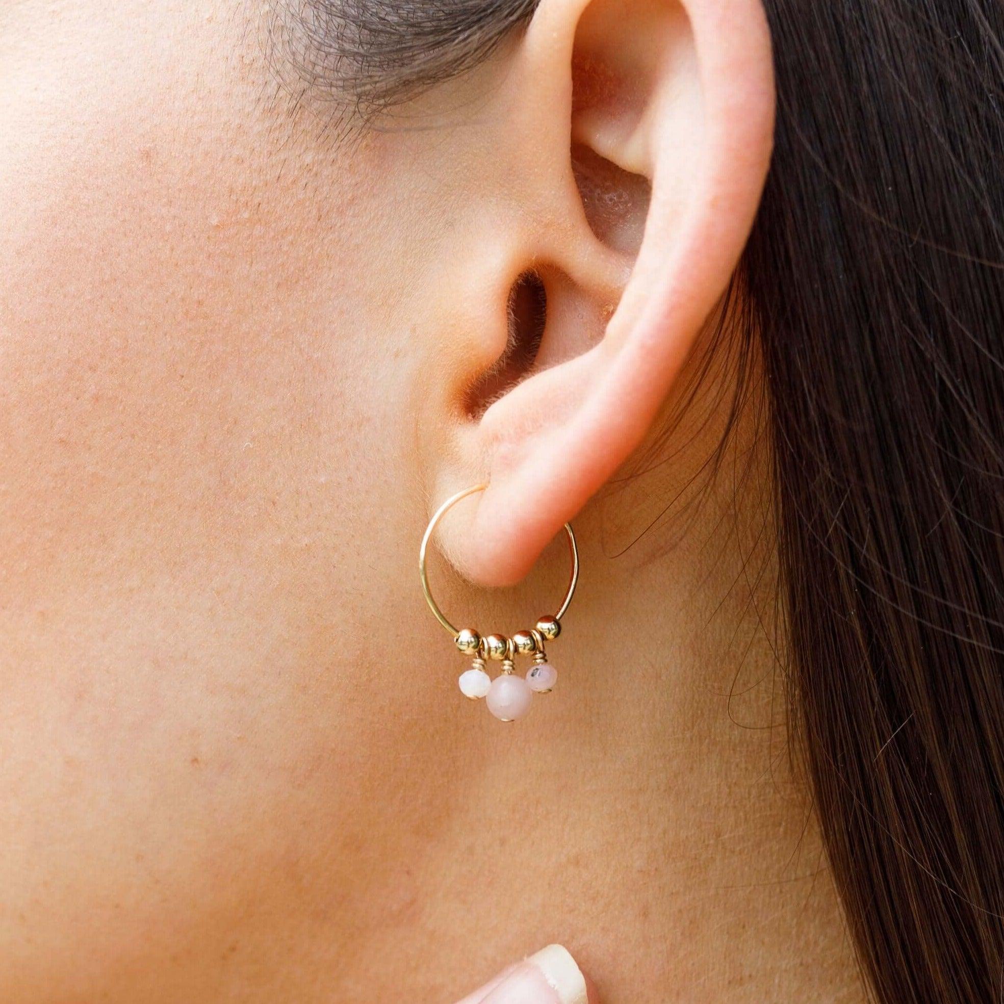 Pink Peruvian Opal Gemstone Bead Drop Hoop Earrings - Pink Peruvian Opal Gemstone Bead Drop Hoop Earrings - 14k Gold Fill - Luna Tide Handmade Crystal Jewellery