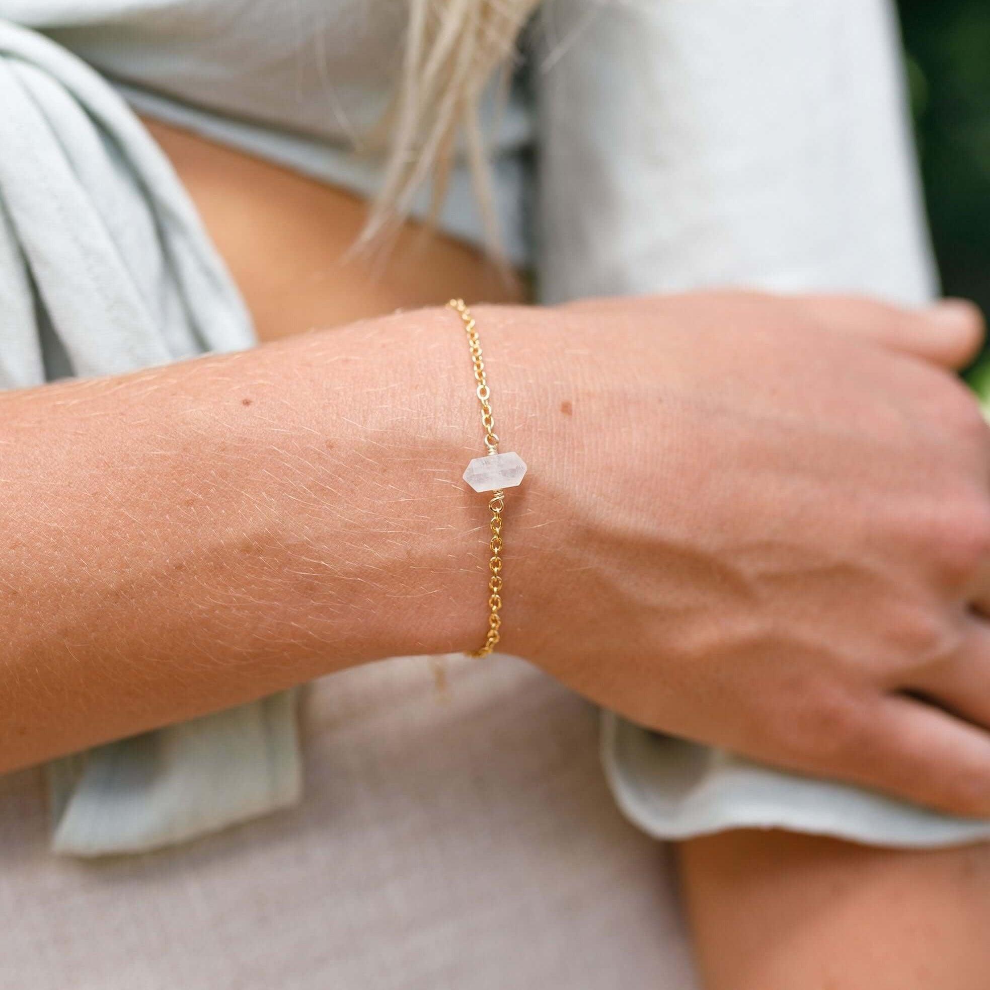 Rainbow Moonstone Double Terminated Mini Crystal Point Bracelet - Rainbow Moonstone Double Terminated Mini Crystal Point Bracelet - 14k Gold Fill - Luna Tide Handmade Crystal Jewellery