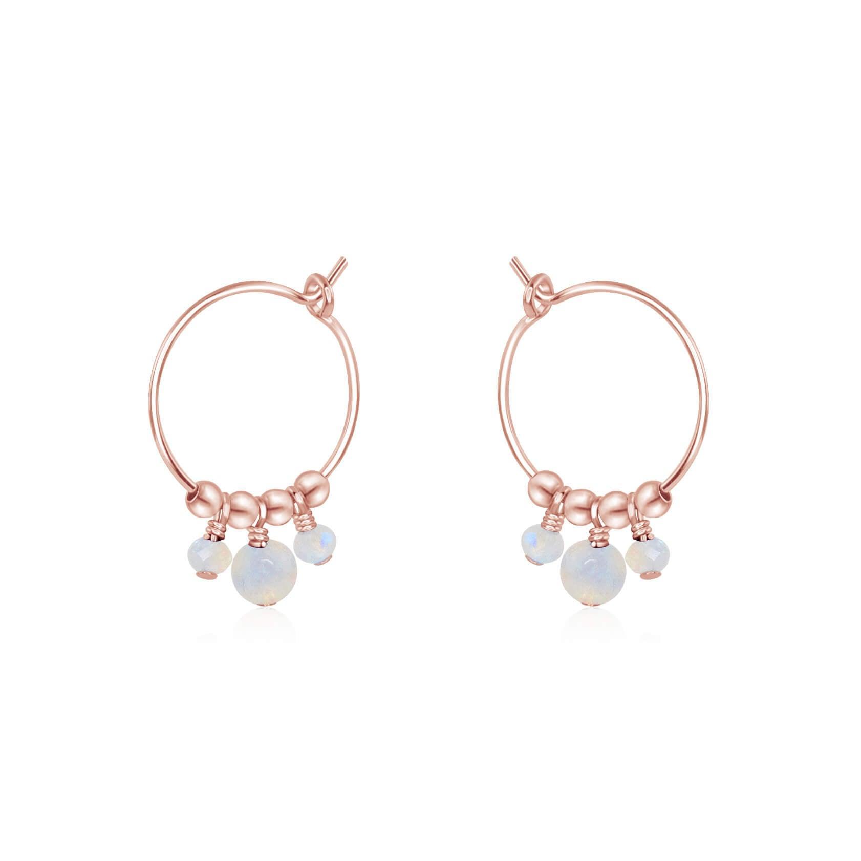 Rainbow Moonstone Gemstone Bead Drop Hoop Earrings - Rainbow Moonstone Gemstone Bead Drop Hoop Earrings - 14k Rose Gold Fill - Luna Tide Handmade Crystal Jewellery