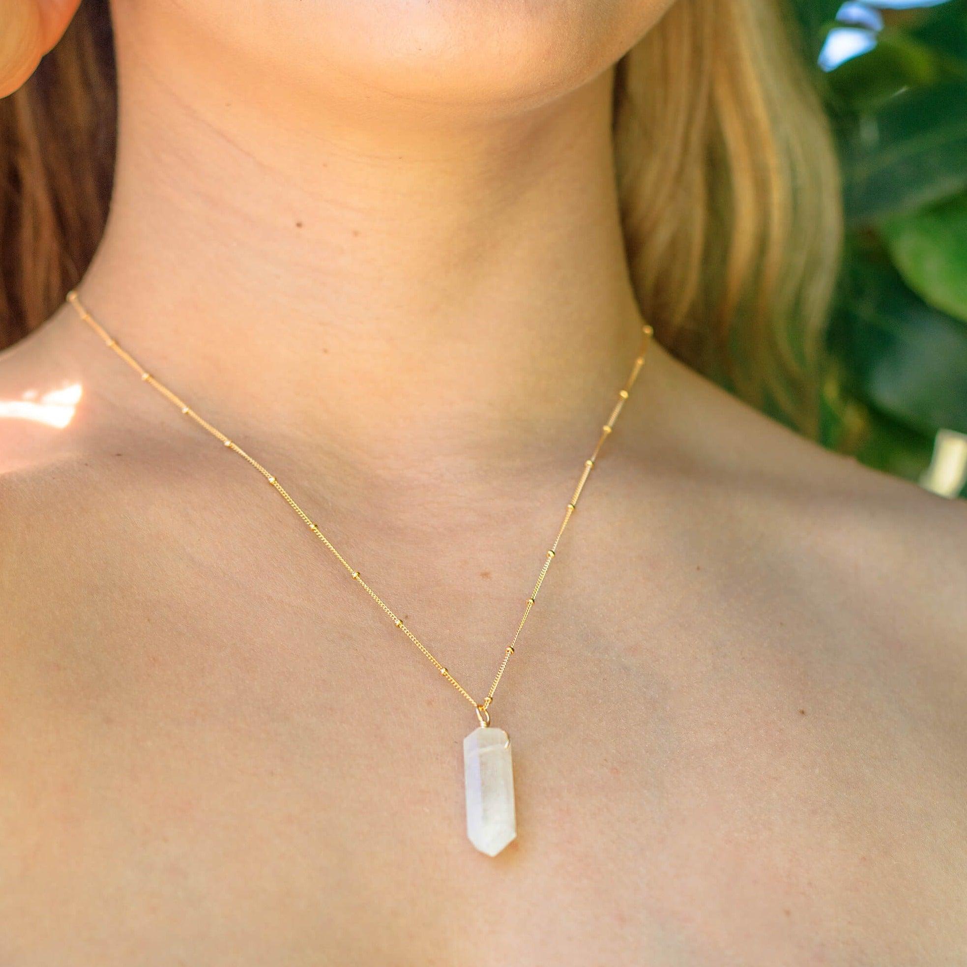 Rainbow Moonstone Gemstone Generator Tower Point Pendant Necklace - Rainbow Moonstone Gemstone Generator Tower Point Pendant Necklace - Sterling Silver / Satellite - Luna Tide Handmade Crystal Jewellery