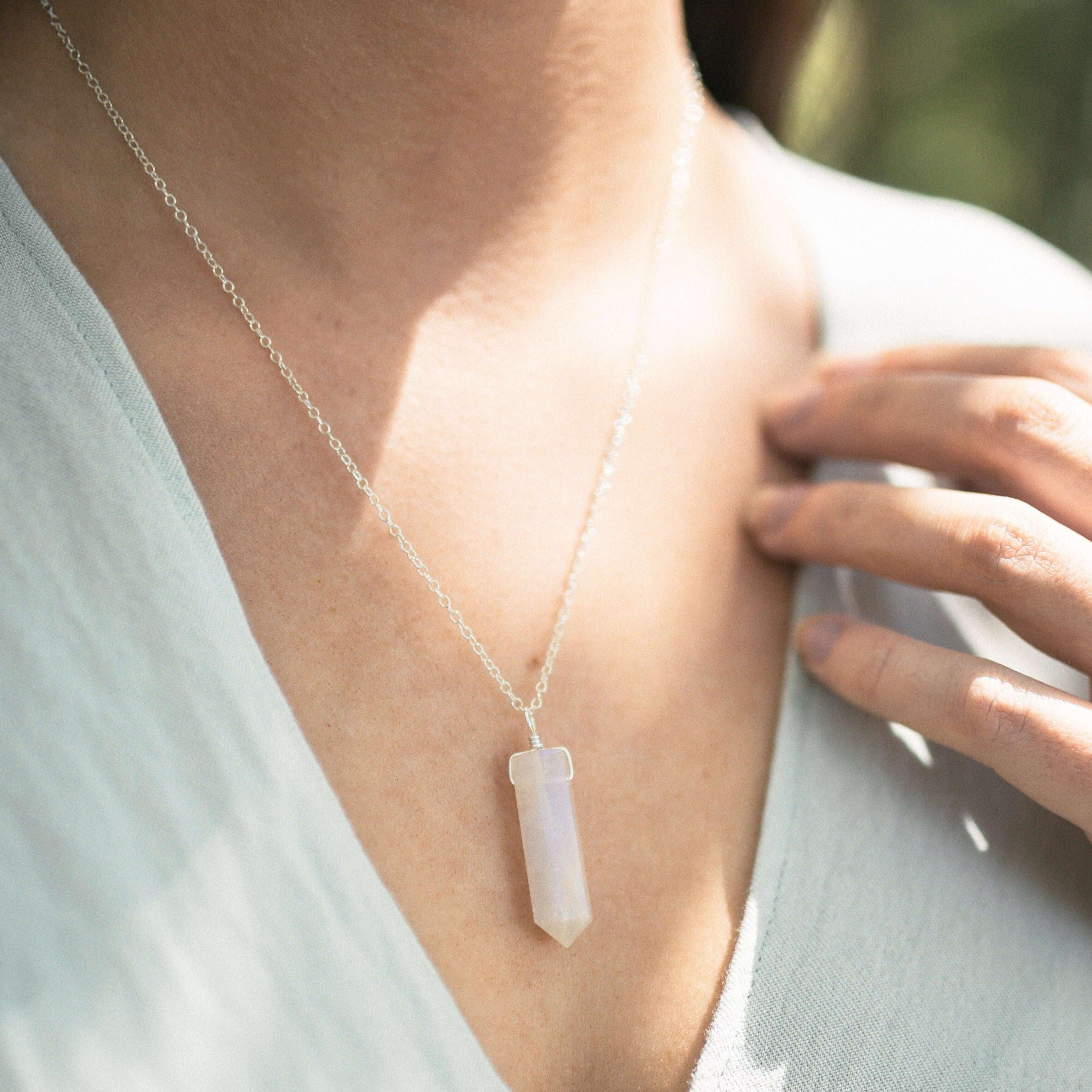Rainbow Moonstone Gemstone Generator Tower Point Pendant Necklace - Rainbow Moonstone Gemstone Generator Tower Point Pendant Necklace - Sterling Silver / Satellite - Luna Tide Handmade Crystal Jewellery