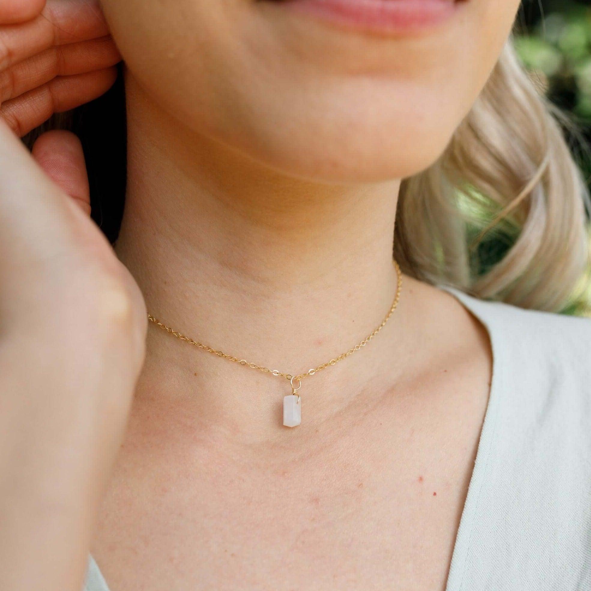 Rainbow Moonstone Mini Double Terminated Crystal Point Pendant Choker Necklace - Rainbow Moonstone Mini Double Terminated Crystal Point Pendant Choker Necklace - Sterling Silver / Cable - Luna Tide Handmade Crystal Jewellery