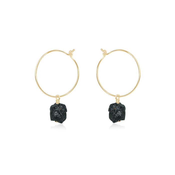 Raw Black Tourmaline Gemstone Dangle Hoop Earrings - Raw Black Tourmaline Gemstone Dangle Hoop Earrings - 14k Gold Fill - Luna Tide Handmade Crystal Jewellery