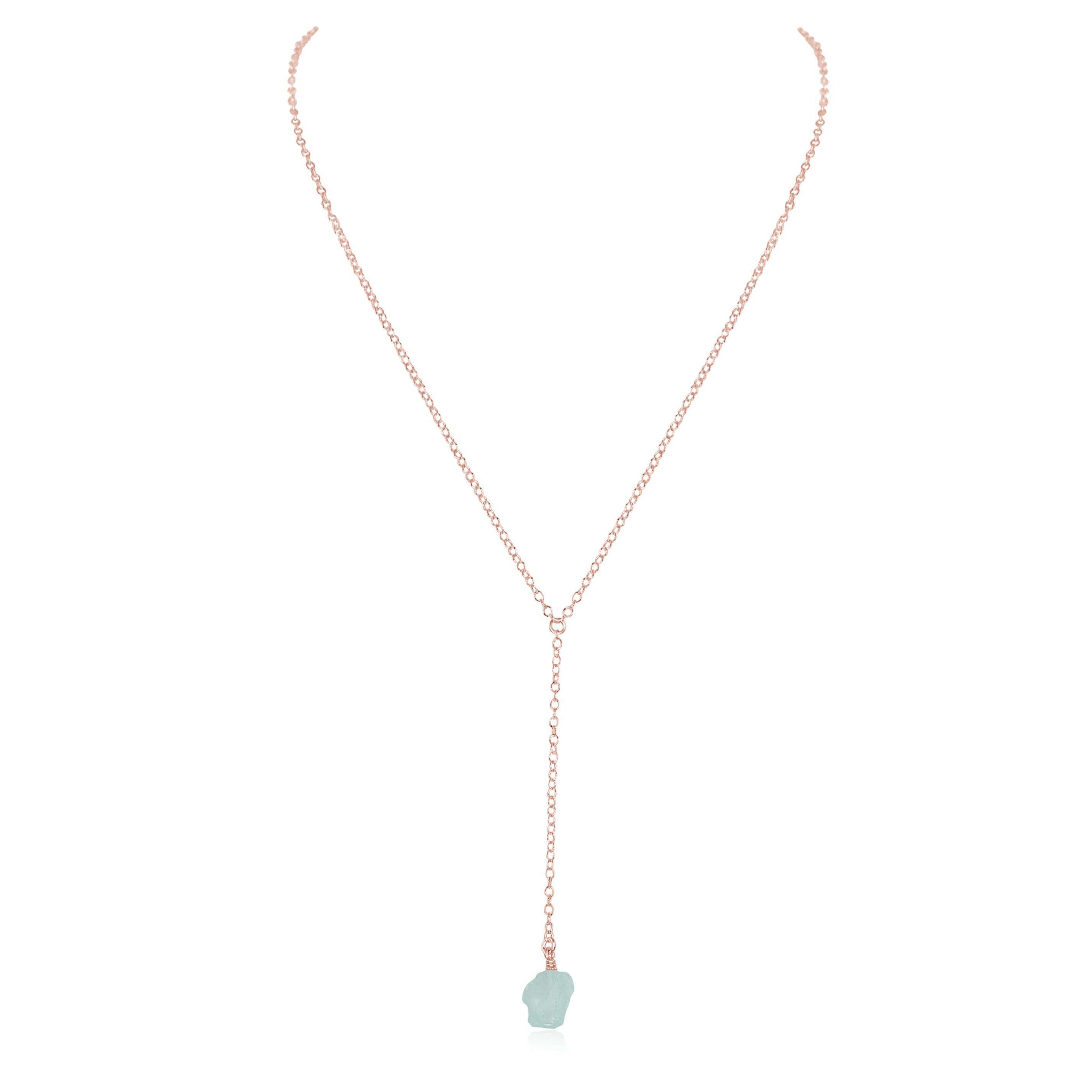 Raw Blue Aquamarine Crystal Lariat Necklace - Raw Blue Aquamarine Crystal Lariat Necklace - 14k Rose Gold Fill - Luna Tide Handmade Crystal Jewellery