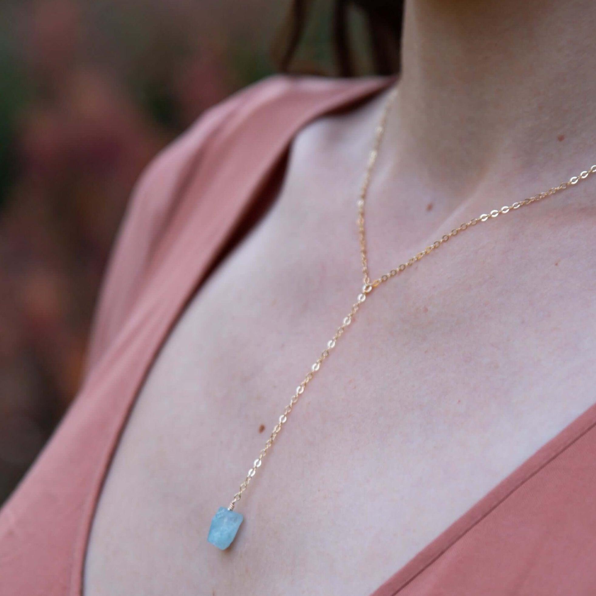 Raw Blue Aquamarine Crystal Lariat Necklace - Raw Blue Aquamarine Crystal Lariat Necklace - Sterling Silver - Luna Tide Handmade Crystal Jewellery