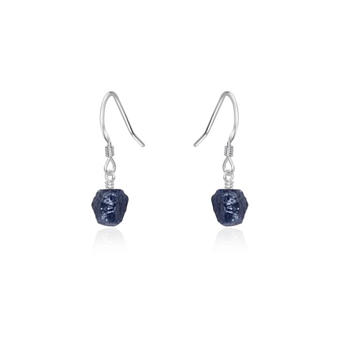 Raw Blue Sapphire Crystal Dangle Drop Earrings - Raw Blue Sapphire Crystal Dangle Drop Earrings - Sterling Silver - Luna Tide Handmade Crystal Jewellery