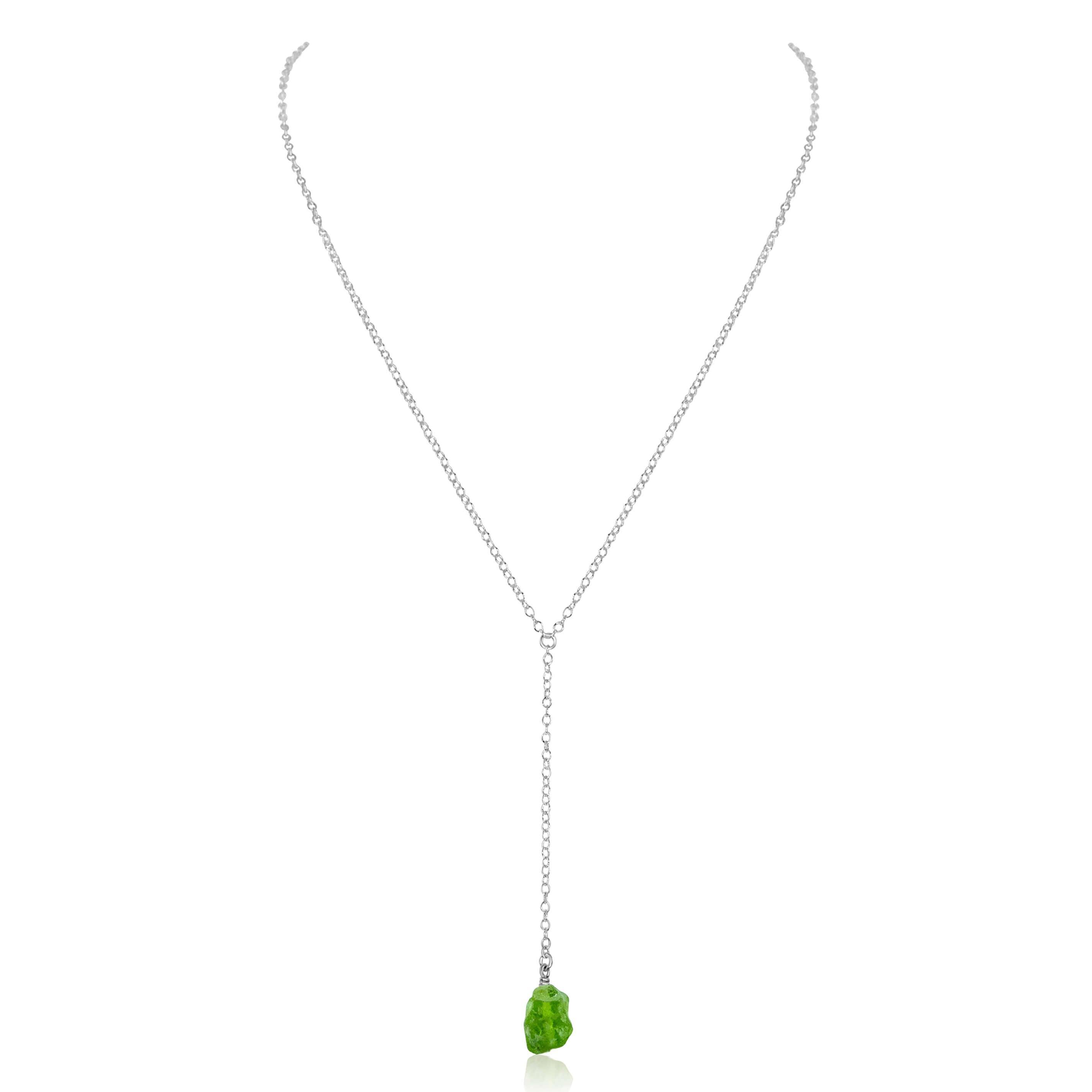Raw Green Peridot Crystal Lariat Necklace - Raw Green Peridot Crystal Lariat Necklace - Sterling Silver - Luna Tide Handmade Crystal Jewellery