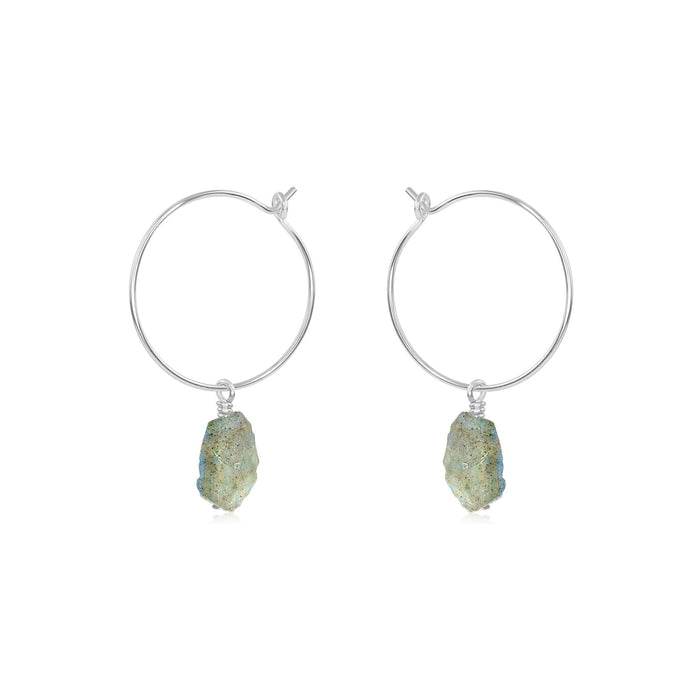 Raw Labradorite Gemstone Dangle Hoop Earrings - Raw Labradorite Gemstone Dangle Hoop Earrings - Sterling Silver - Luna Tide Handmade Crystal Jewellery