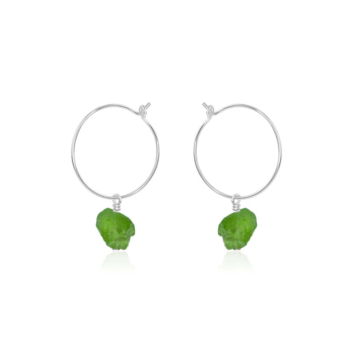 Raw Peridot Gemstone Dangle Hoop Earrings - Raw Peridot Gemstone Dangle Hoop Earrings - Sterling Silver - Luna Tide Handmade Crystal Jewellery