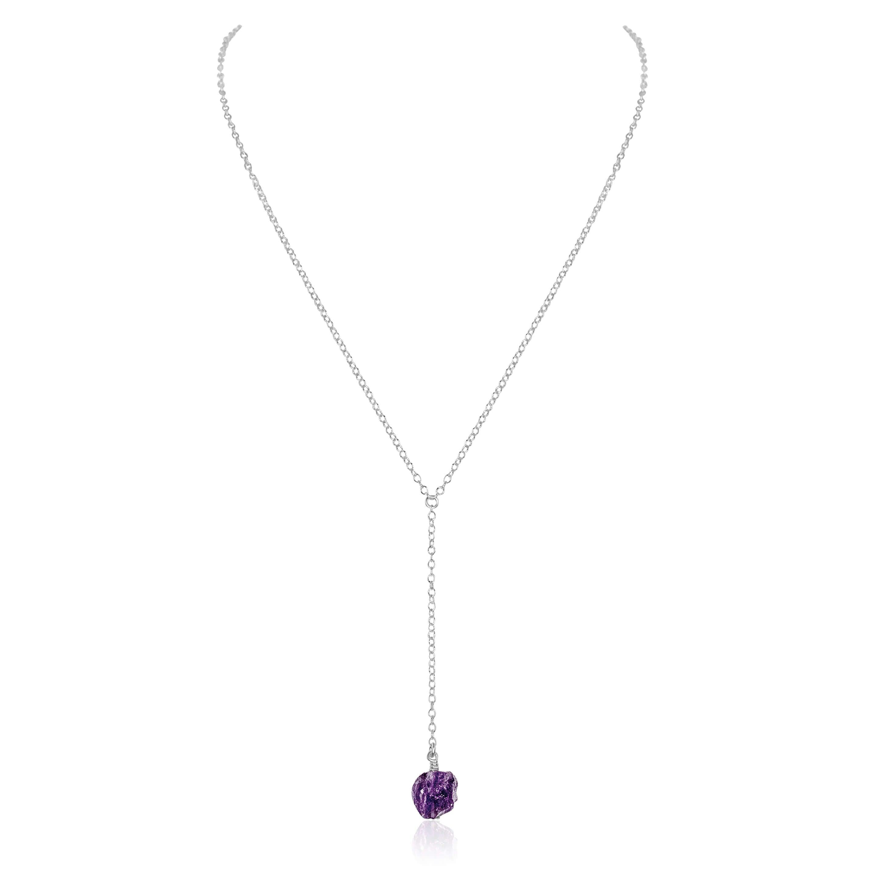 Raw Purple Amethyst Crystal Lariat Necklace - Raw Purple Amethyst Crystal Lariat Necklace - Sterling Silver - Luna Tide Handmade Crystal Jewellery