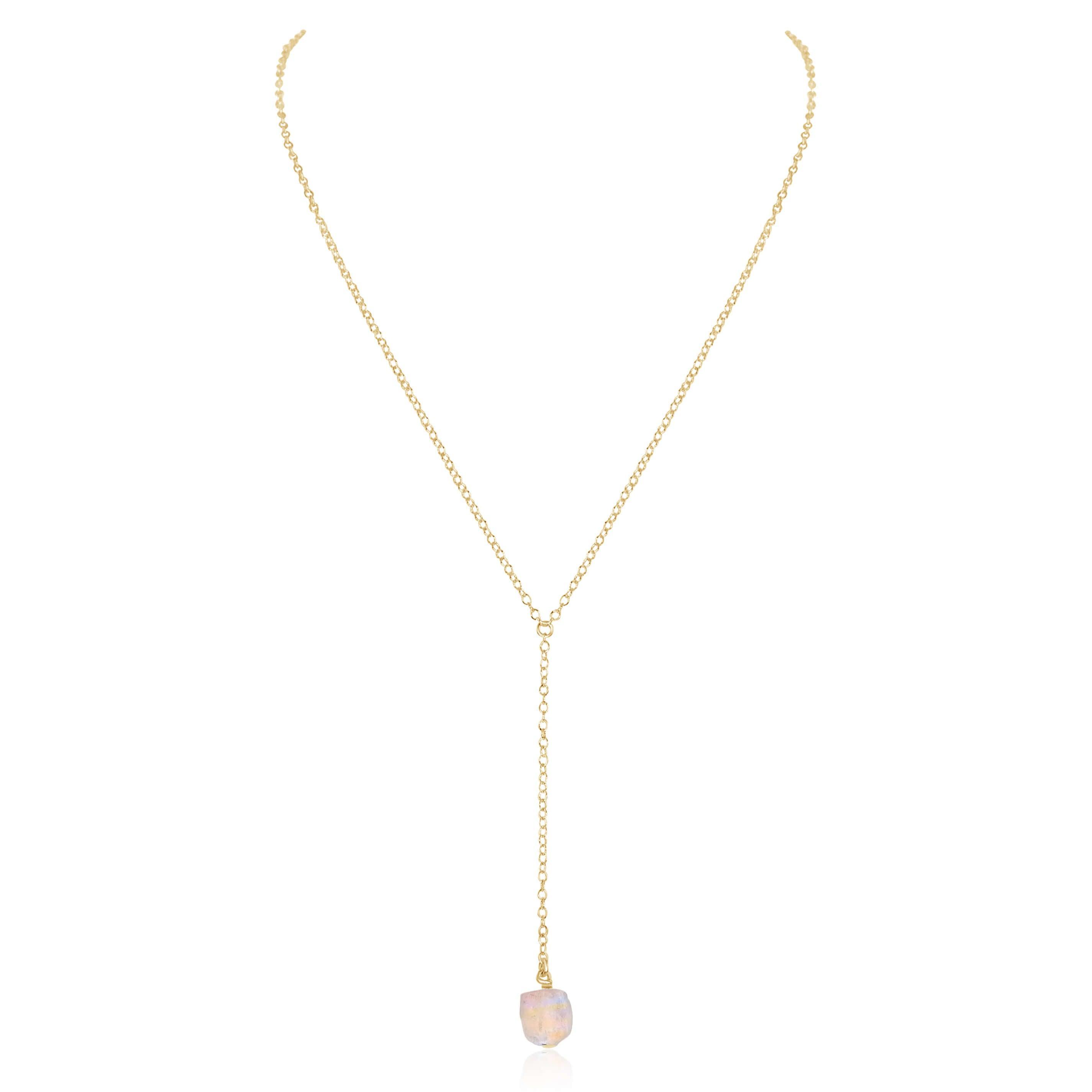 Raw Rainbow Moonstone Crystal Lariat Necklace - Raw Rainbow Moonstone Crystal Lariat Necklace - 14k Gold Fill - Luna Tide Handmade Crystal Jewellery