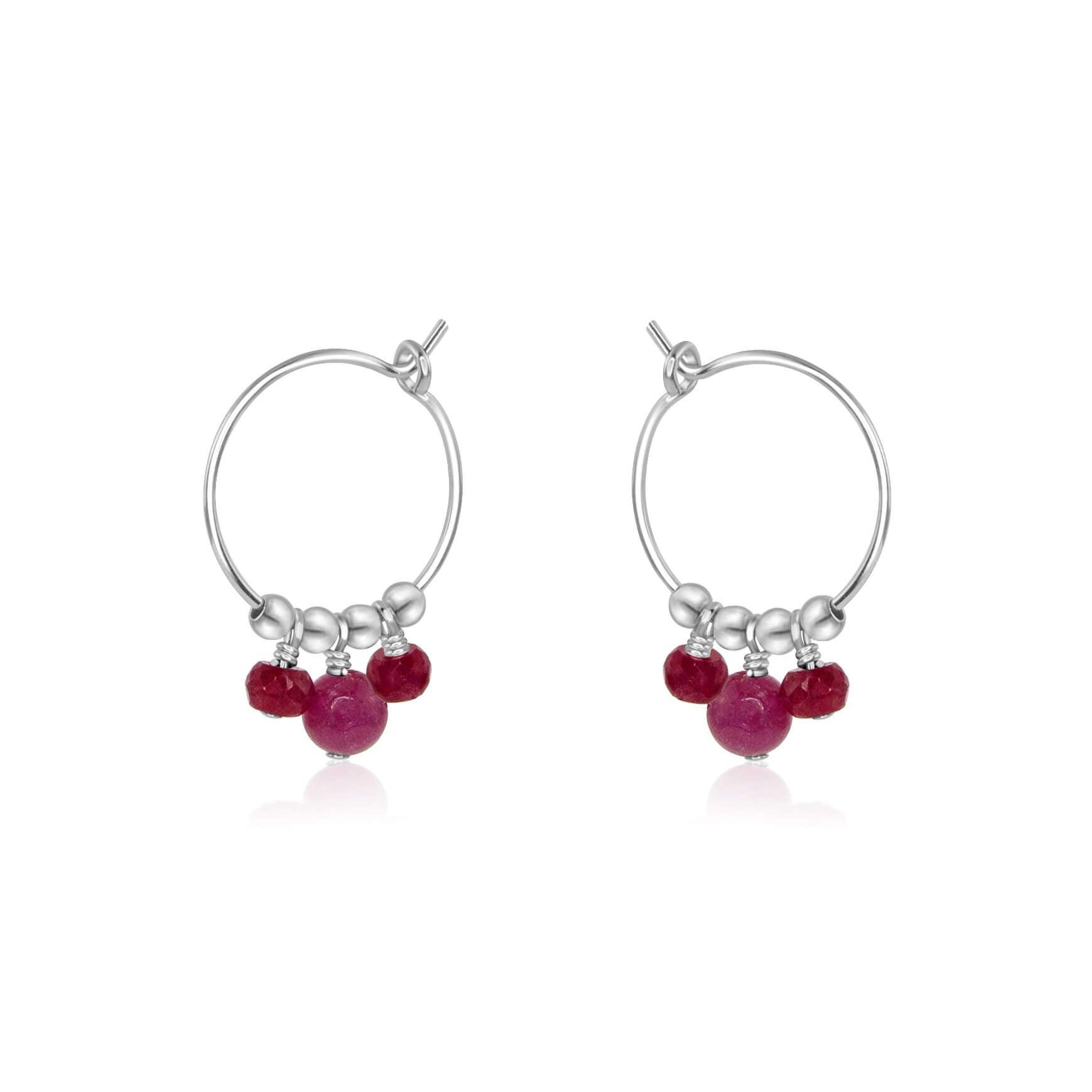 Red Ruby Gemstone Bead Drop Hoop Earrings - Red Ruby Gemstone Bead Drop Hoop Earrings - Sterling Silver - Luna Tide Handmade Crystal Jewellery