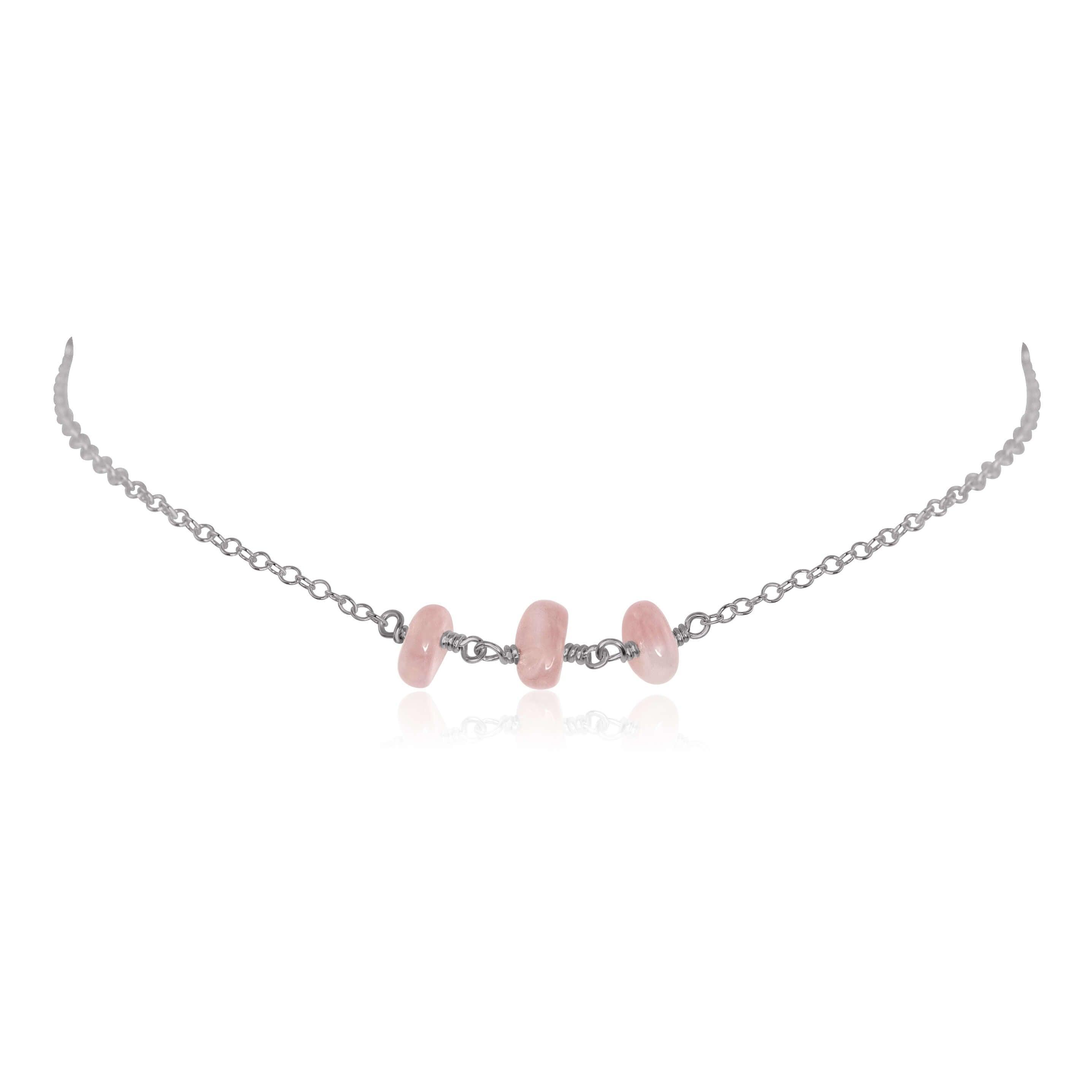 Rose Quartz Beaded Chain Choker Necklace - Rose Quartz Beaded Chain Choker Necklace - Stainless Steel - Luna Tide Handmade Crystal Jewellery
