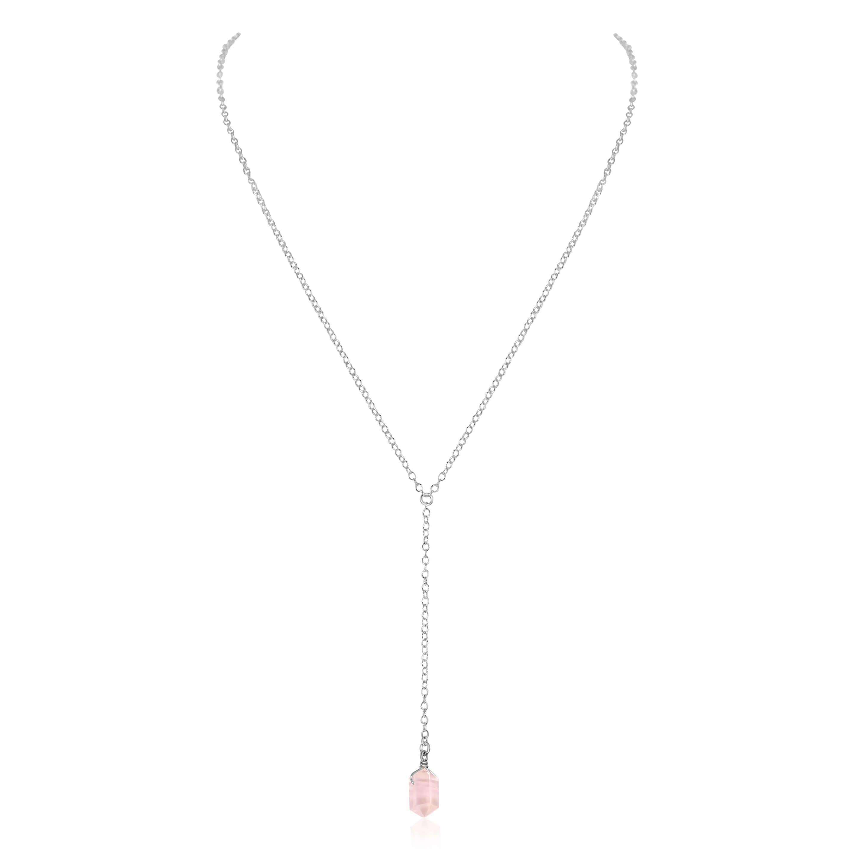 Rose Quartz Double Terminated Mini Crystal Point Lariat Necklace - Rose Quartz Double Terminated Mini Crystal Point Lariat Necklace - Sterling Silver - Luna Tide Handmade Crystal Jewellery