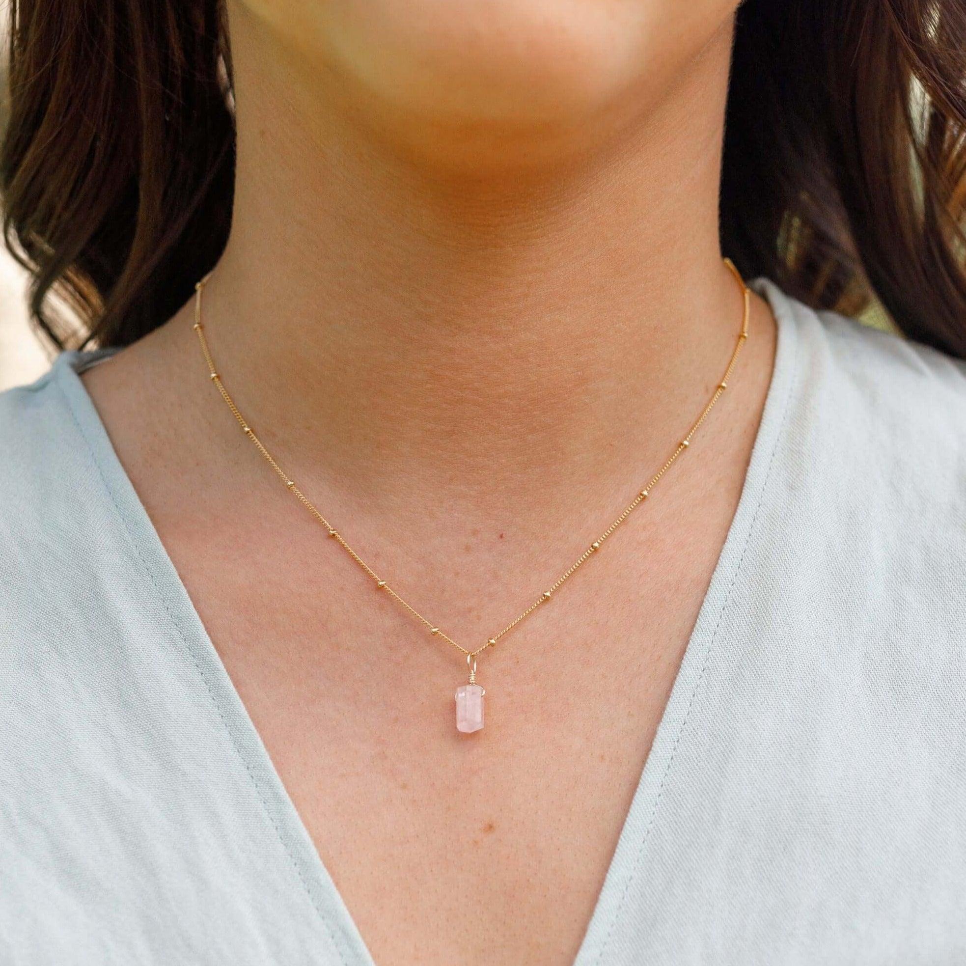 Rose Quartz Mini Double Terminated Crystal Point Pendant Necklace - Rose Quartz Mini Double Terminated Crystal Point Pendant Necklace - 14k Gold Fill / Cable - Luna Tide Handmade Crystal Jewellery