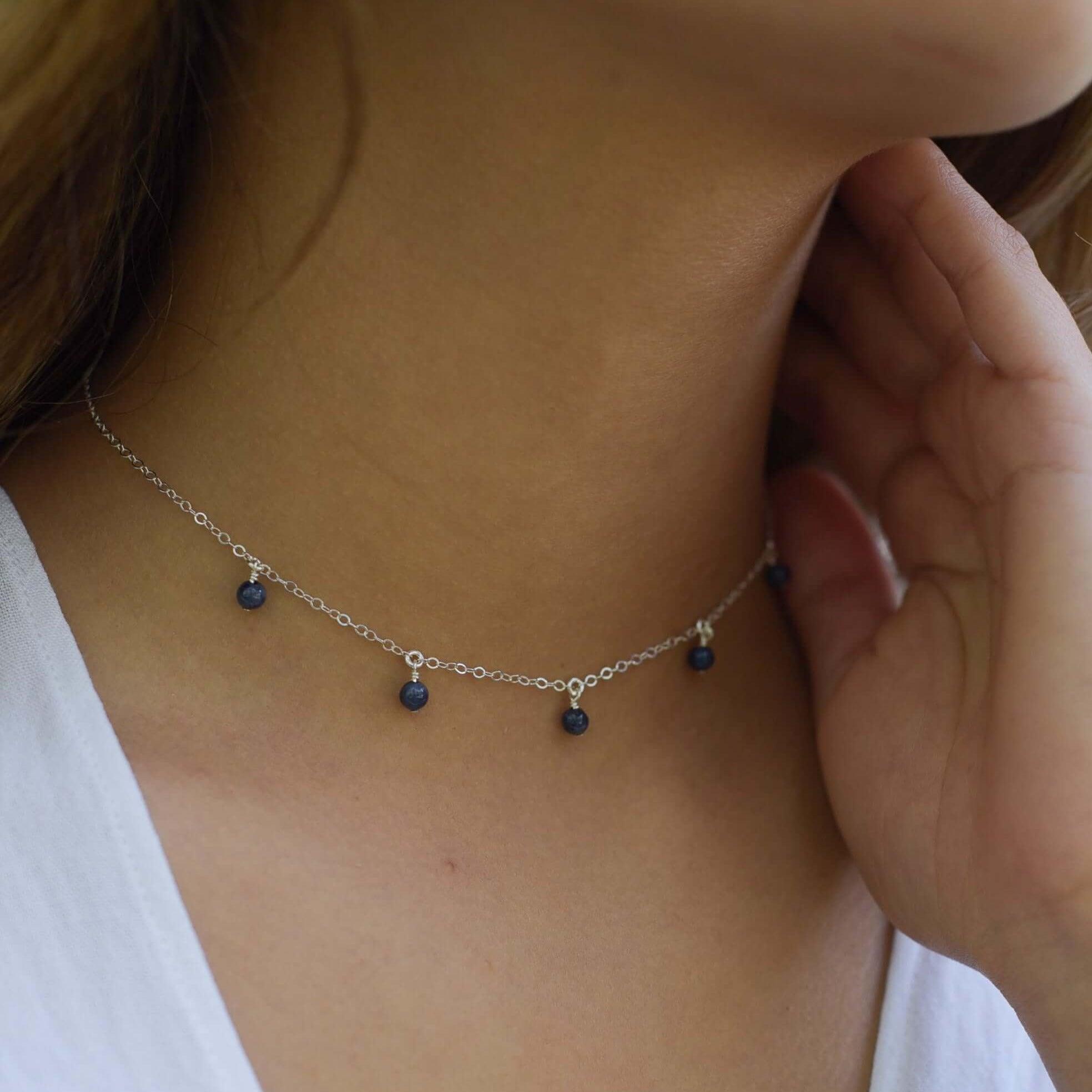 Sapphire Bead Drop Choker - Sapphire Bead Drop Choker - 14k Gold Fill - Luna Tide Handmade Crystal Jewellery