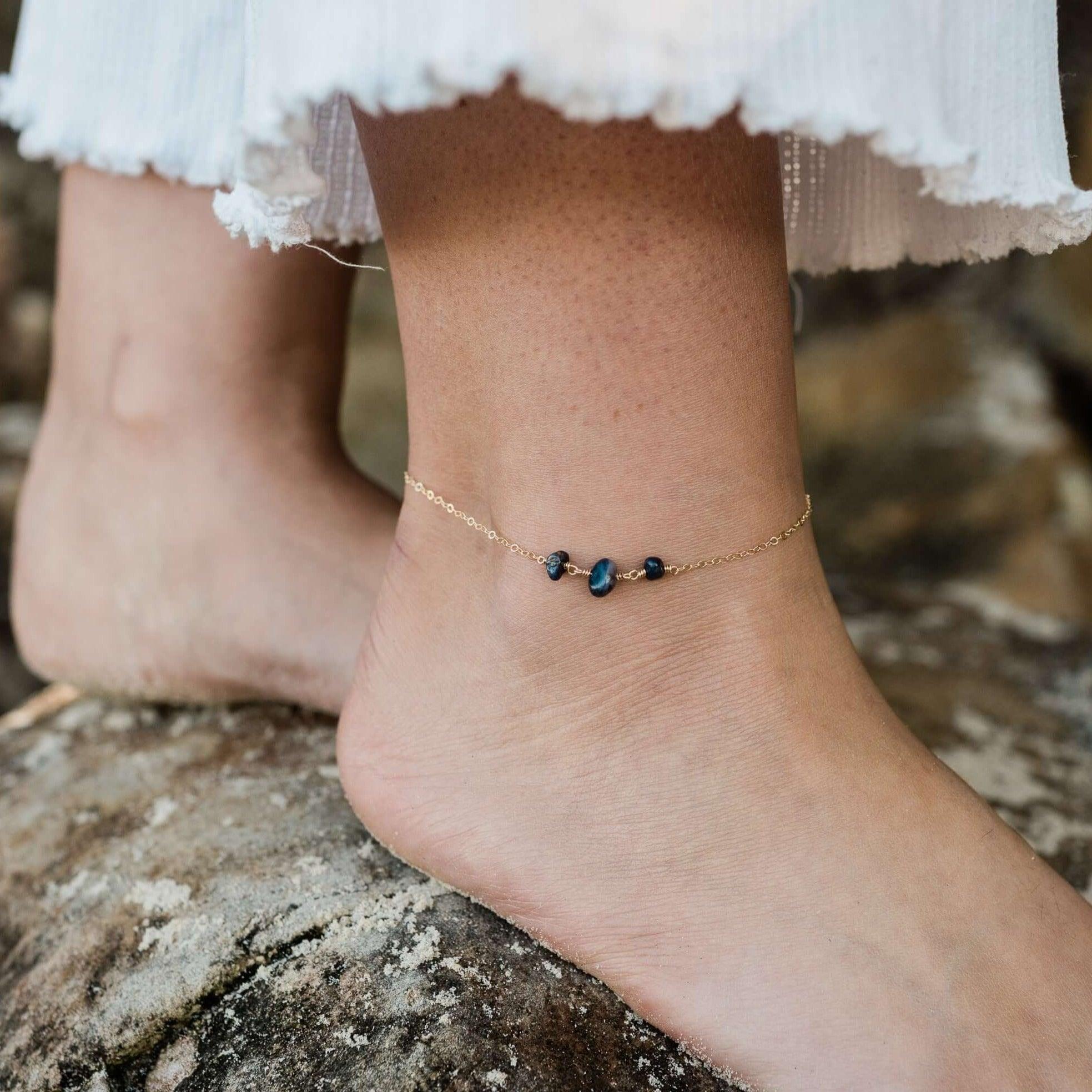 Sapphire Beaded Chain Anklet - Sapphire Beaded Chain Anklet - Sterling Silver - Luna Tide Handmade Crystal Jewellery