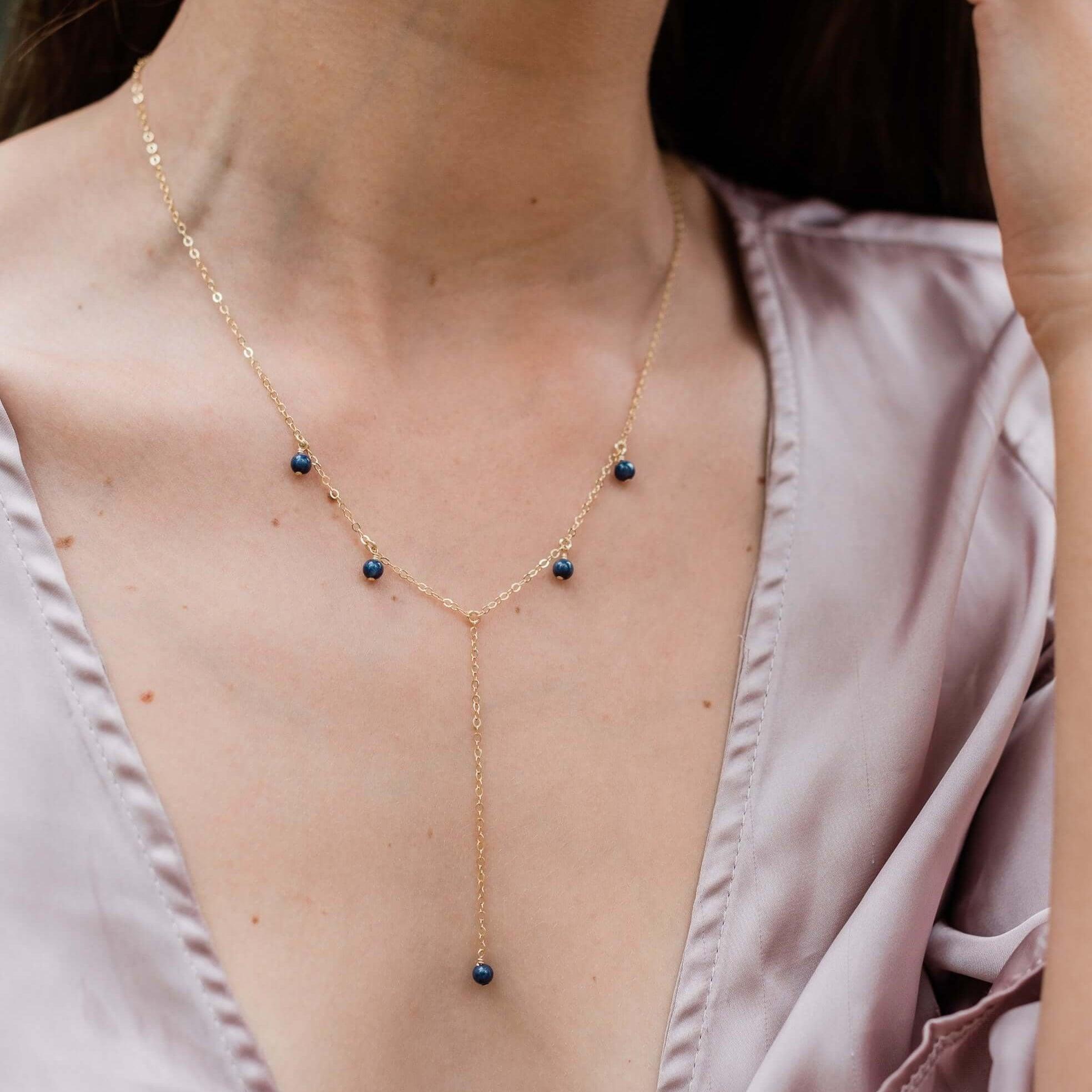 Sapphire Boho Lariat Necklace - Sapphire Boho Lariat Necklace - Sterling Silver - Luna Tide Handmade Crystal Jewellery