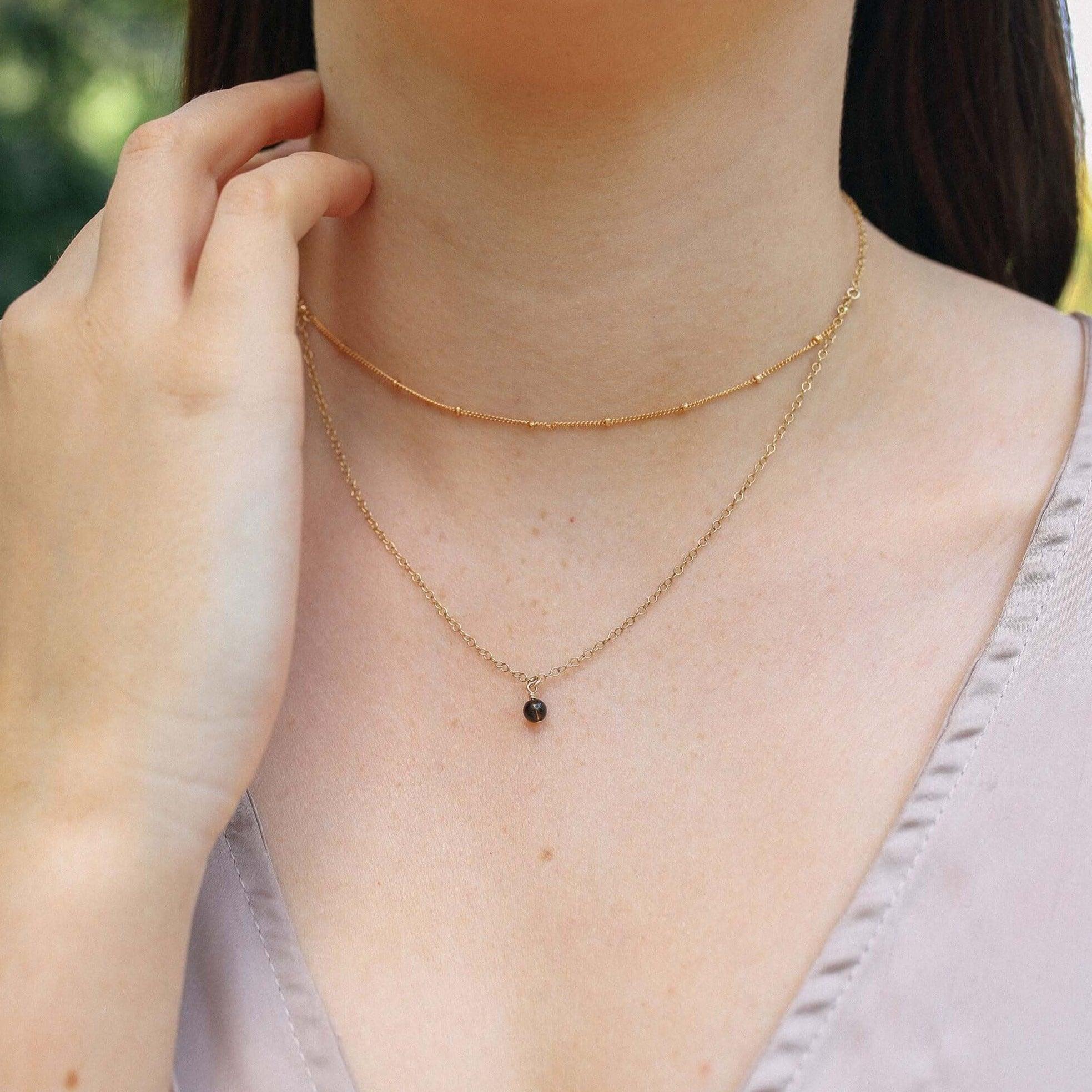 Smoky Quartz Gemstone Chain Layered Choker Necklace - Smoky Quartz Gemstone Chain Layered Choker Necklace - 14k Gold Fill - Luna Tide Handmade Crystal Jewellery