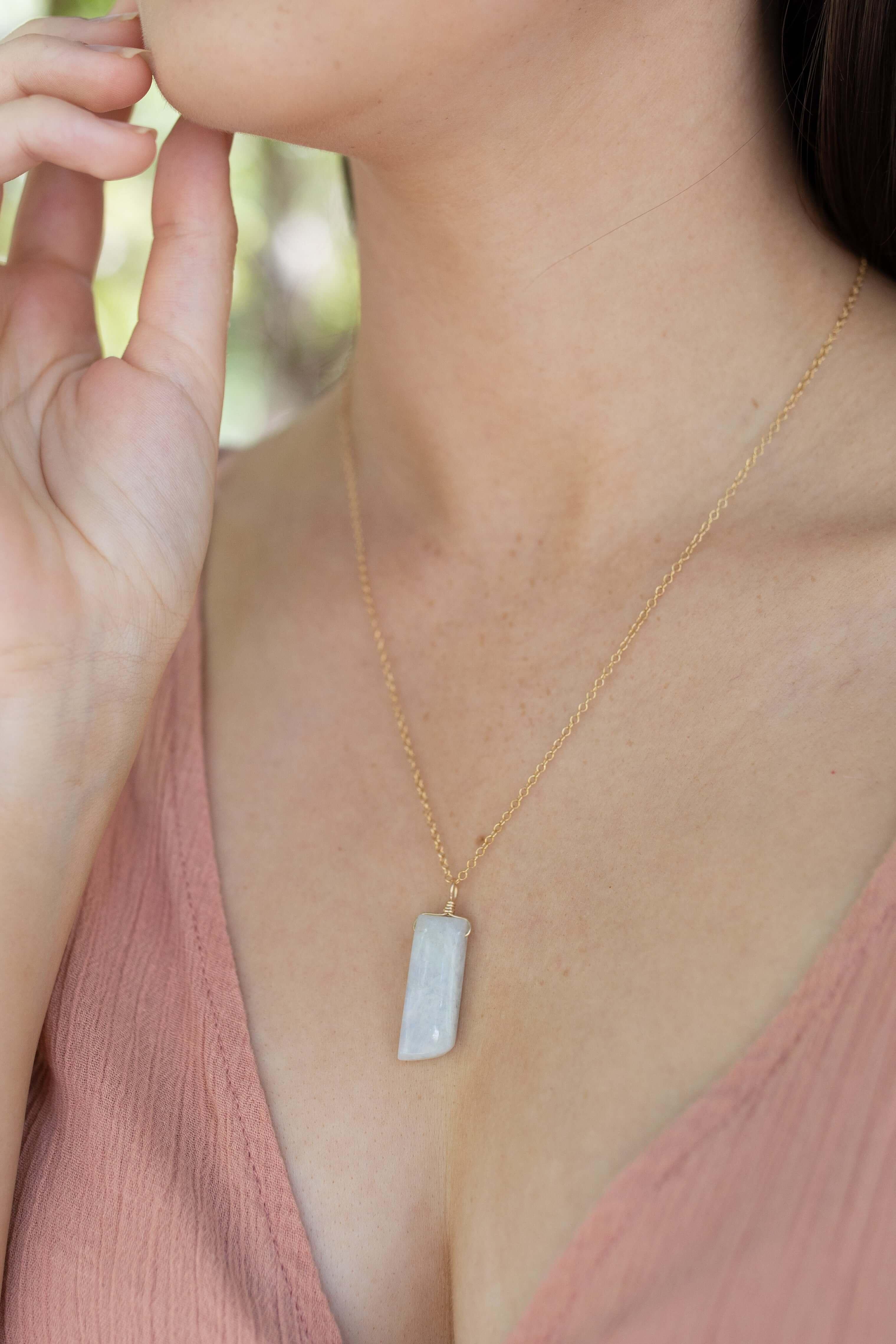 Smooth Rainbow Moonstone Natural Point Crystal Necklace - Smooth Rainbow Moonstone Natural Point Crystal Necklace - 14k Rose Gold Fill / Cable - Luna Tide Handmade Crystal Jewellery