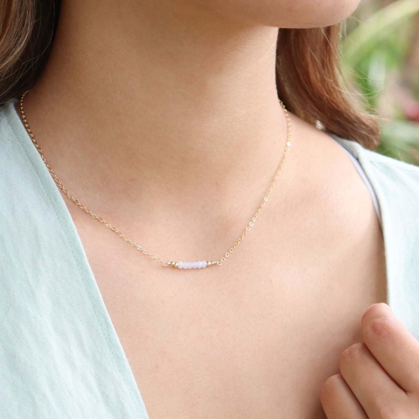 Sparkling Blue Lace Agate Faceted Bead Bar Necklace - Sparkling Blue Lace Agate Faceted Bead Bar Necklace - 14k Gold Fill - Luna Tide Handmade Crystal Jewellery