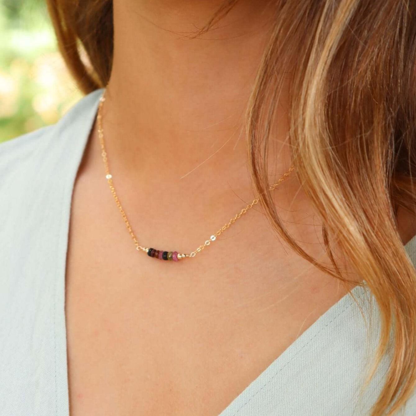 Sparkling Rainbow Tourmaline Faceted Bead Bar Necklace - Sparkling Rainbow Tourmaline Faceted Bead Bar Necklace - 14k Gold Fill - Luna Tide Handmade Crystal Jewellery