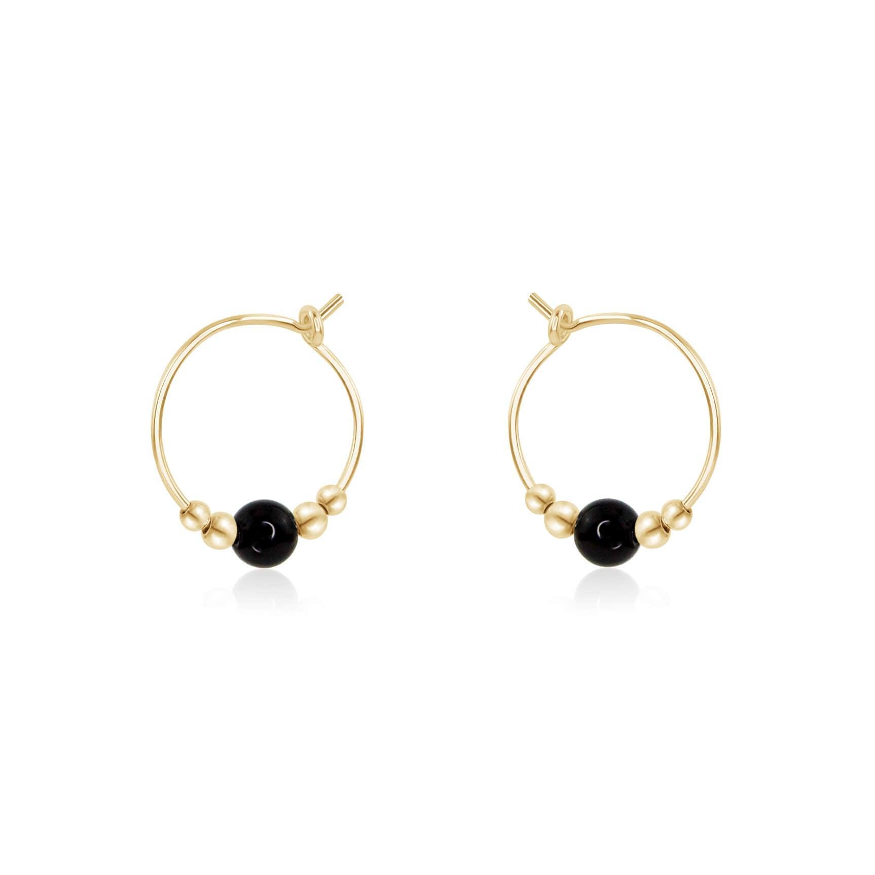 Tiny Black Onyx Bead Hoop Earrings - Tiny Black Onyx Bead Hoop Earrings - 14k Gold Fill - Luna Tide Handmade Crystal Jewellery