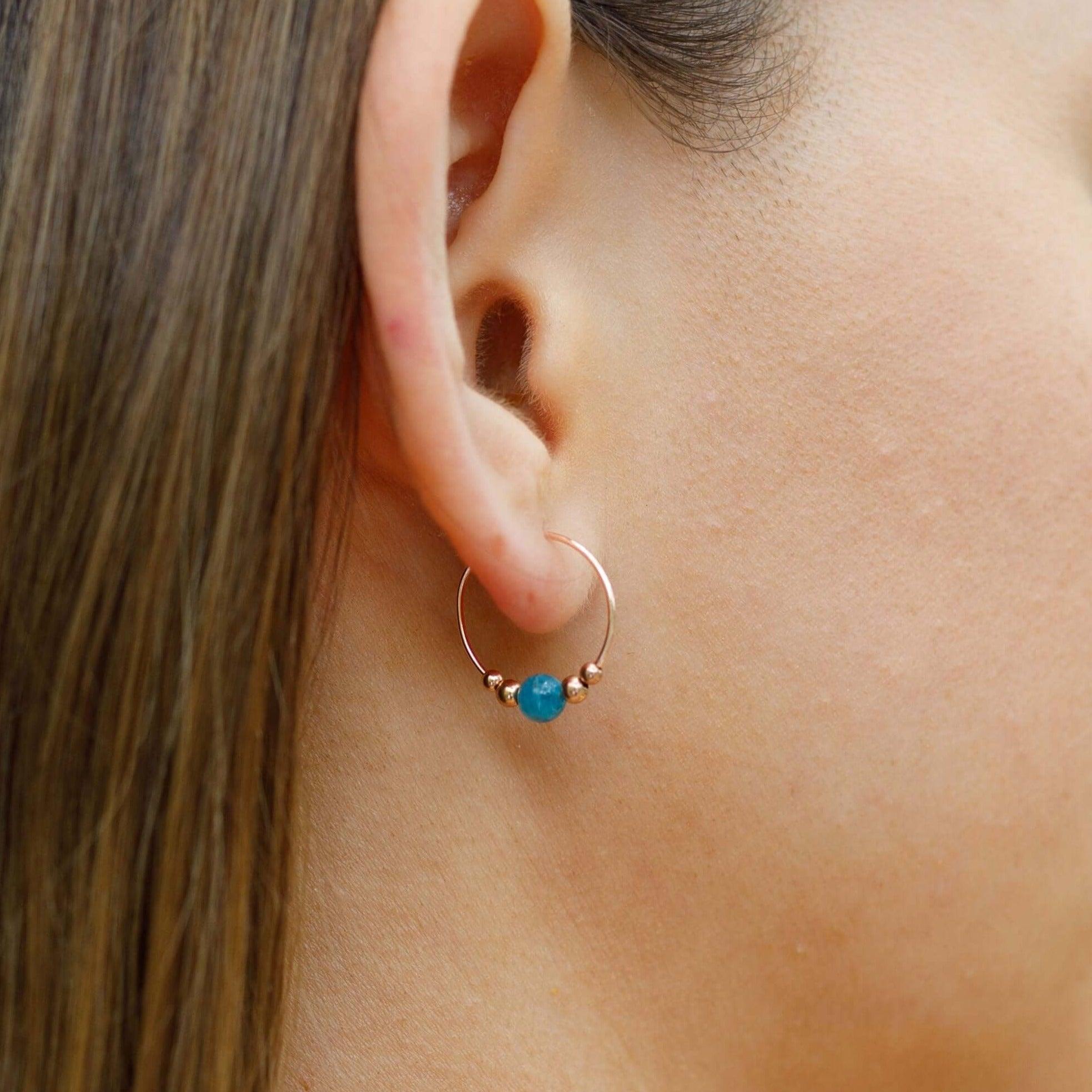 Tiny Blue Apatite Bead Hoop Earrings - Tiny Blue Apatite Bead Hoop Earrings - Sterling Silver - Luna Tide Handmade Crystal Jewellery