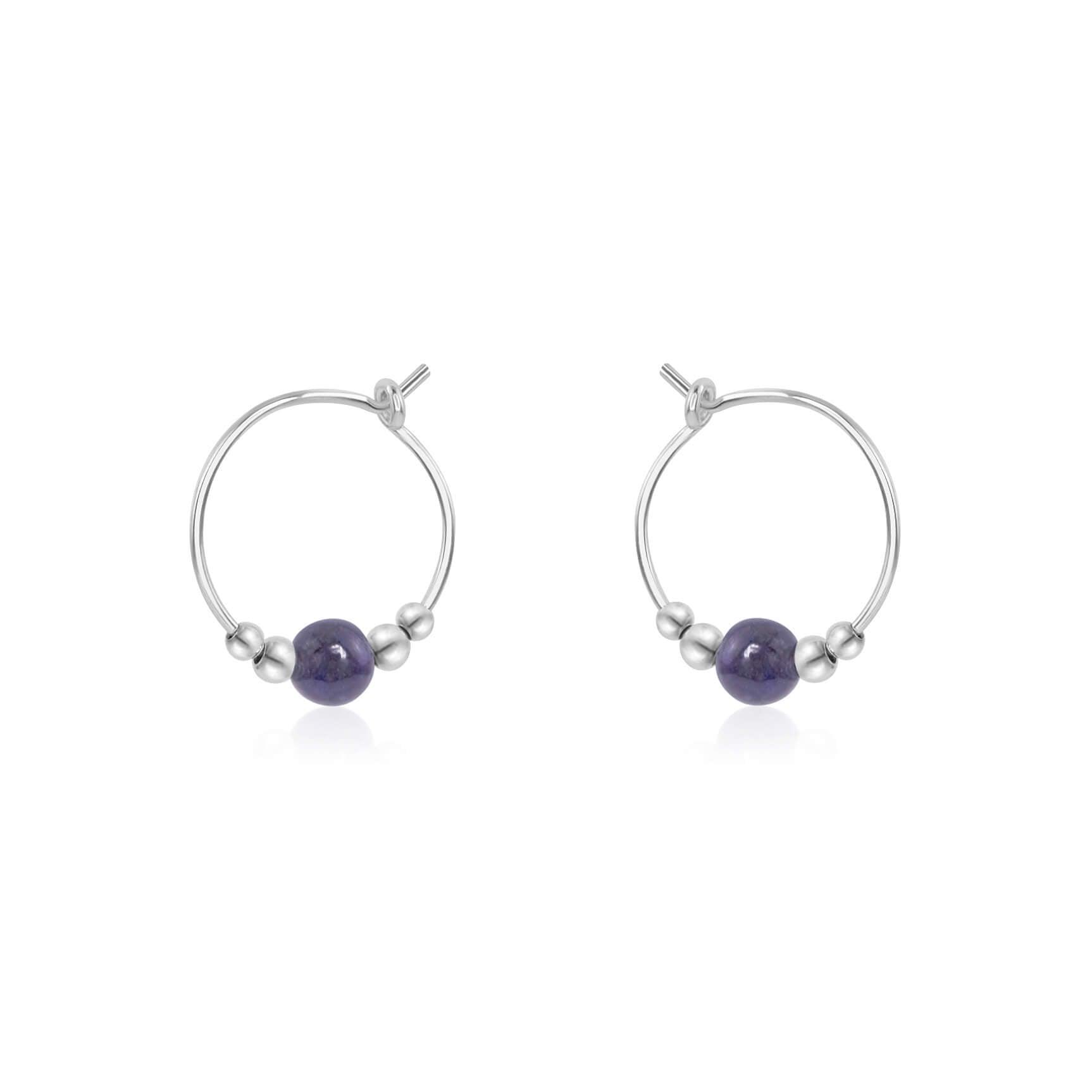 Tiny Iolite Gemstone Bead Hoop Earrings - Tiny Iolite Gemstone Bead Hoop Earrings - Sterling Silver - Luna Tide Handmade Crystal Jewellery