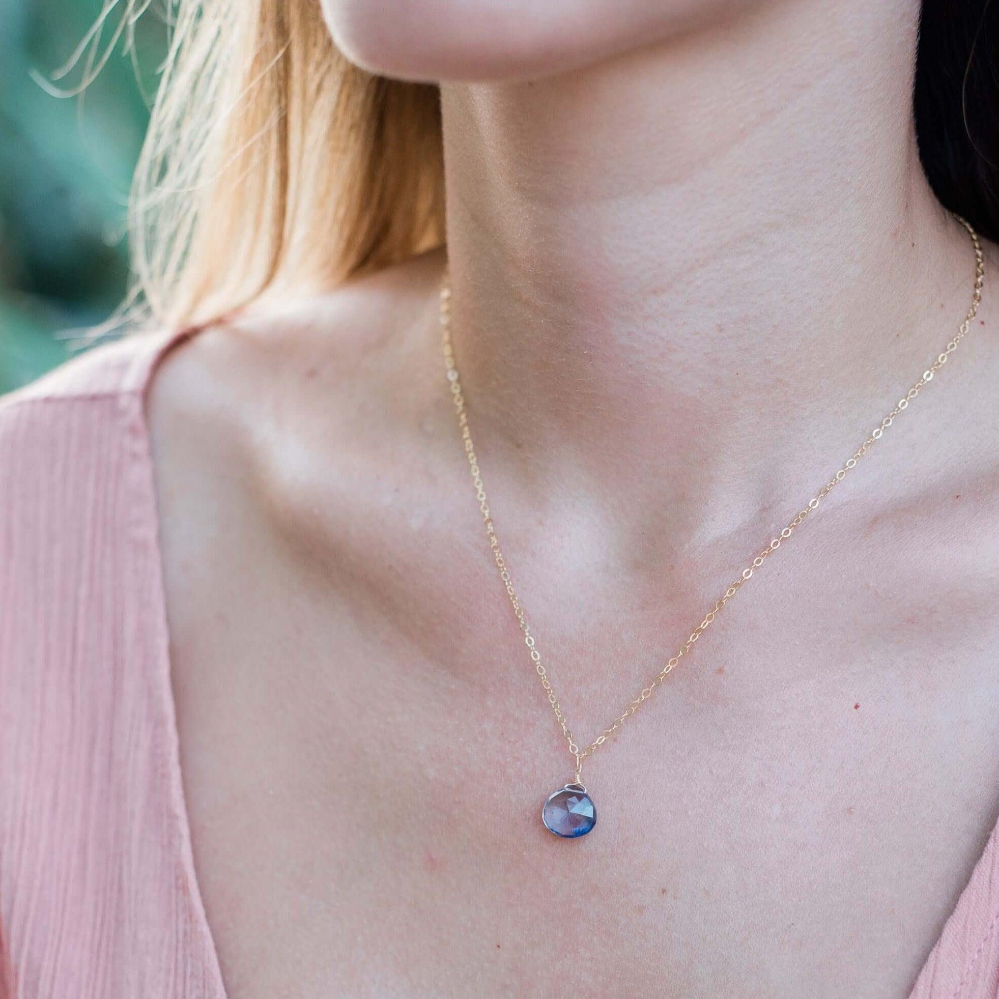 Tiny Iolite Teardrop Necklace - Tiny Iolite Teardrop Necklace - 14k Gold Fill / Cable - Luna Tide Handmade Crystal Jewellery