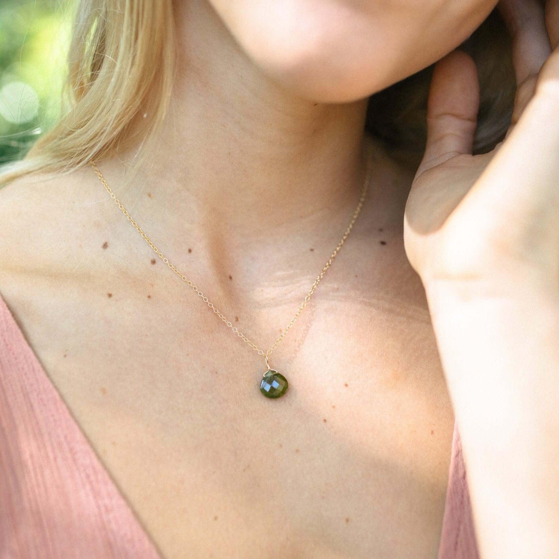 Tiny Peridot Teardrop Crystal Necklace - Tiny Peridot Teardrop Crystal Necklace - Sterling Silver / Cable - Luna Tide Handmade Crystal Jewellery