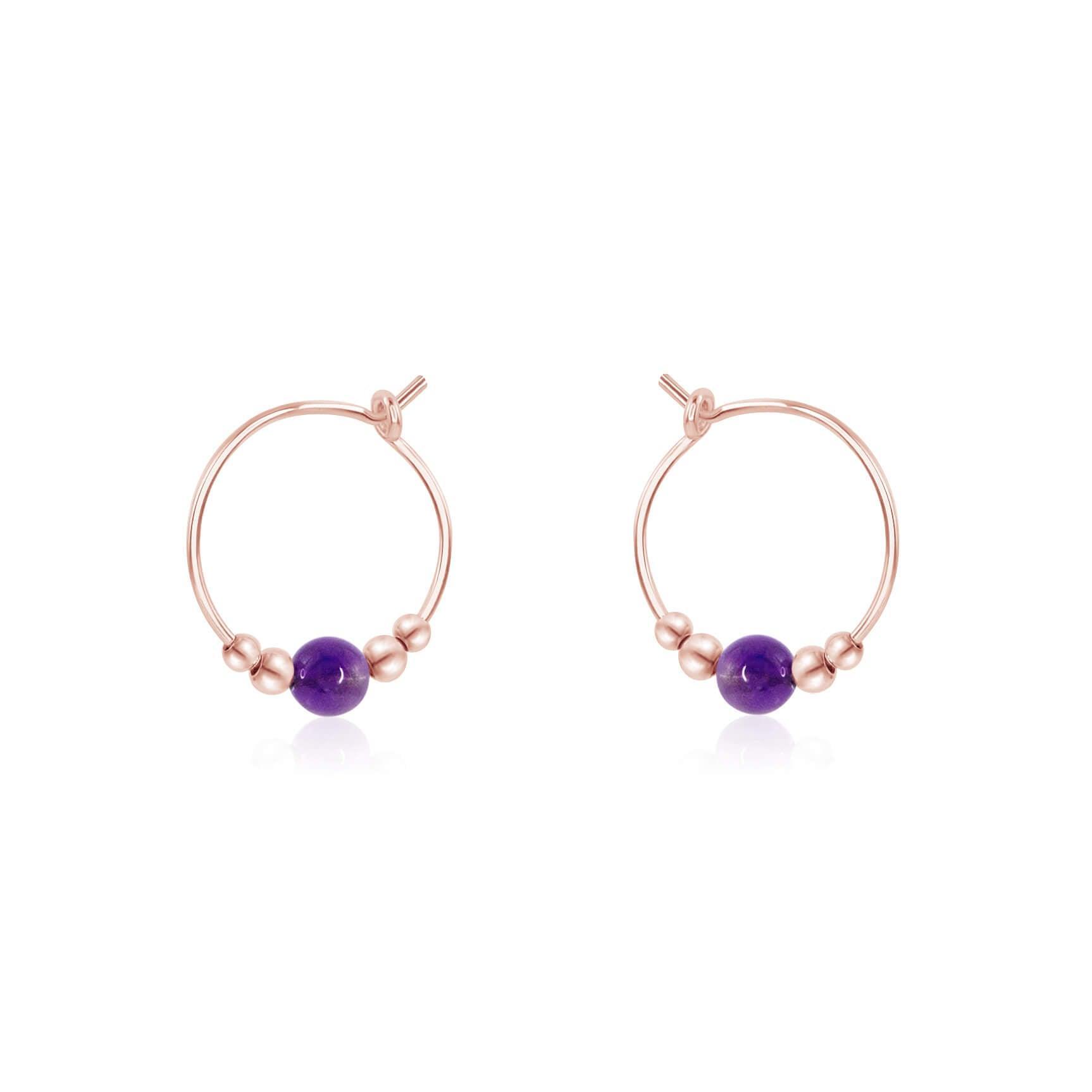 Tiny Purple Amethyst Bead Hoop Earrings - Tiny Purple Amethyst Bead Hoop Earrings - 14k Rose Gold Fill - Luna Tide Handmade Crystal Jewellery
