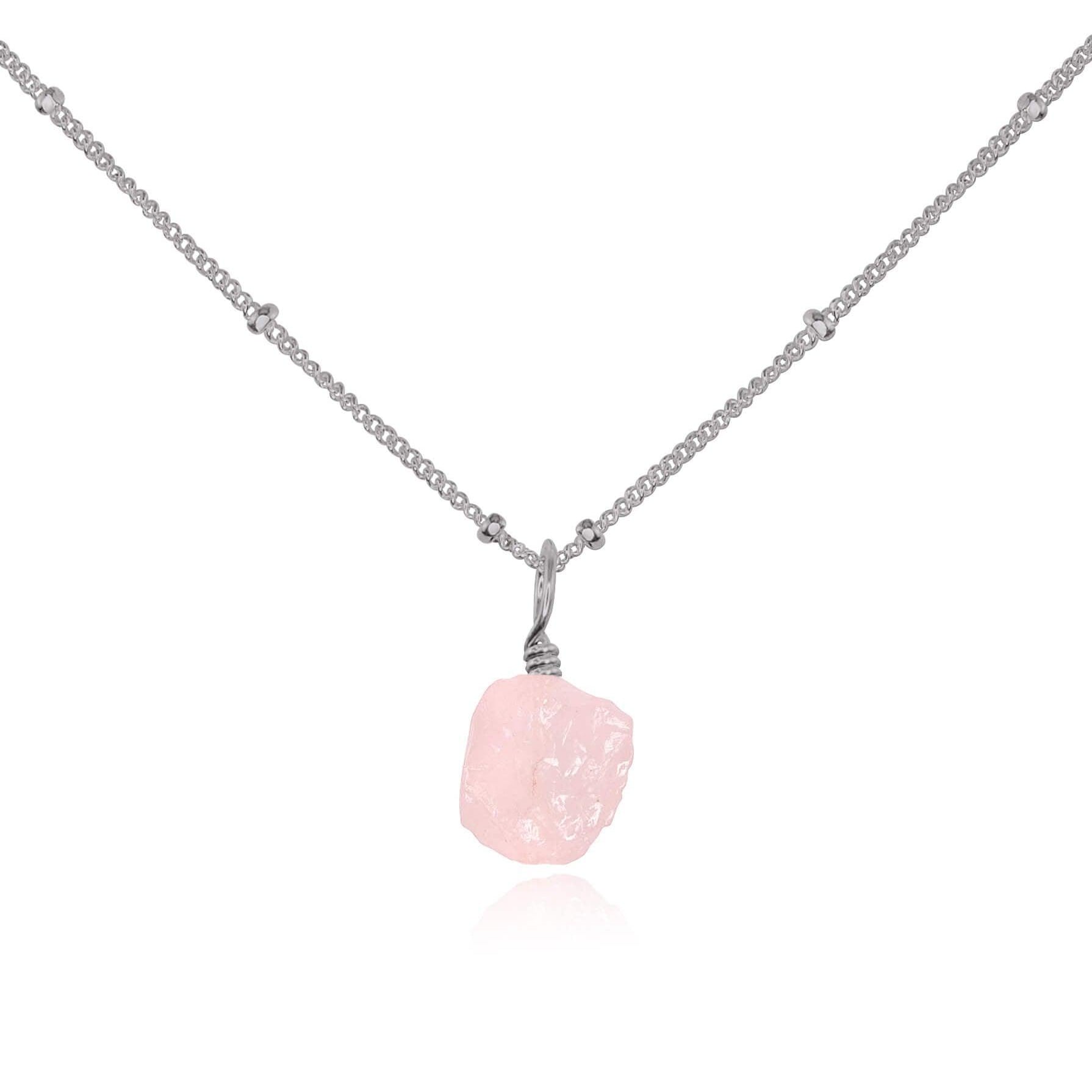 Tiny Raw Rose Quartz Pendant Necklace - Tiny Raw Rose Quartz Pendant Necklace - Stainless Steel / Satellite - Luna Tide Handmade Crystal Jewellery