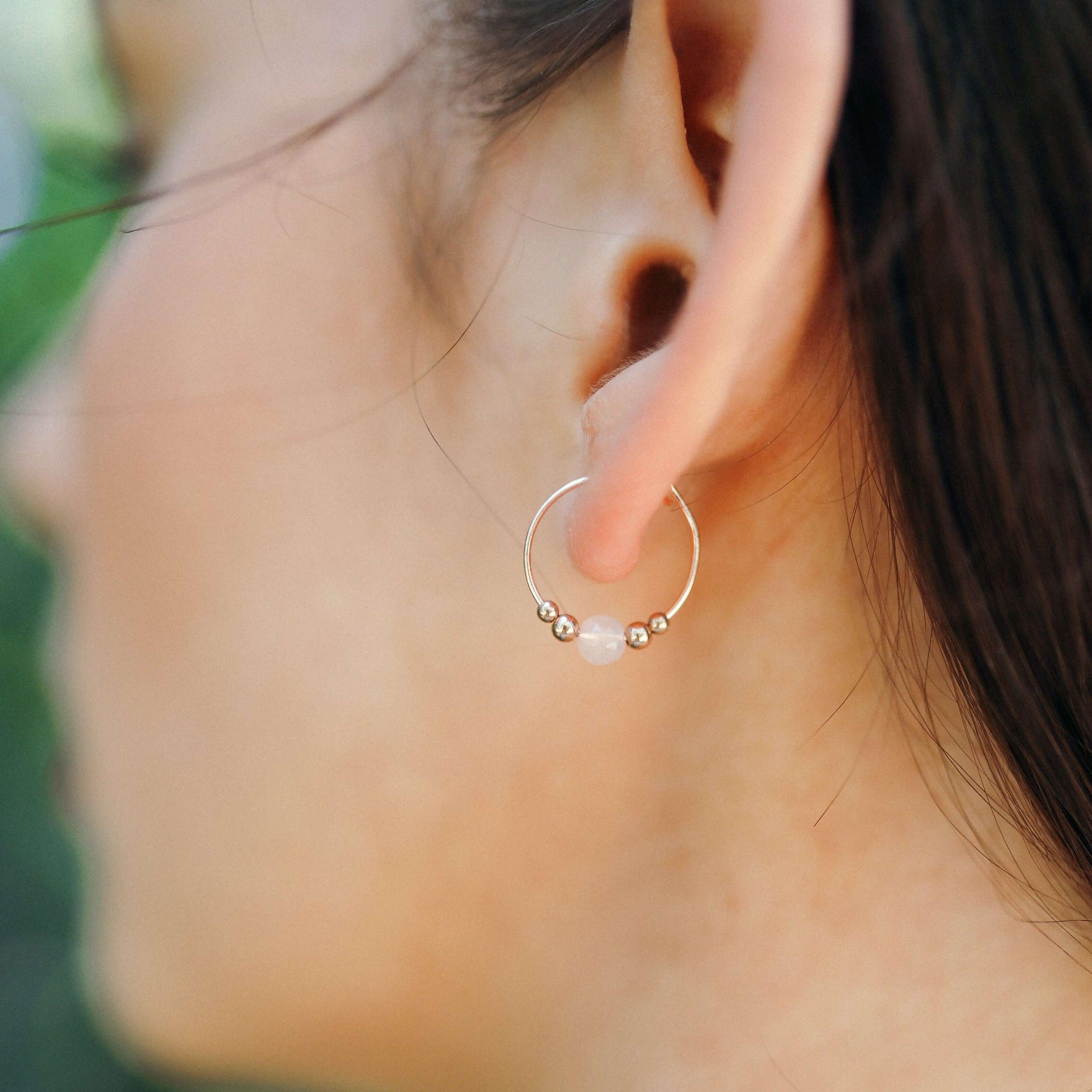Tiny Rose Quartz Bead Hoop Earrings - Tiny Rose Quartz Bead Hoop Earrings - 14k Gold Fill - Luna Tide Handmade Crystal Jewellery
