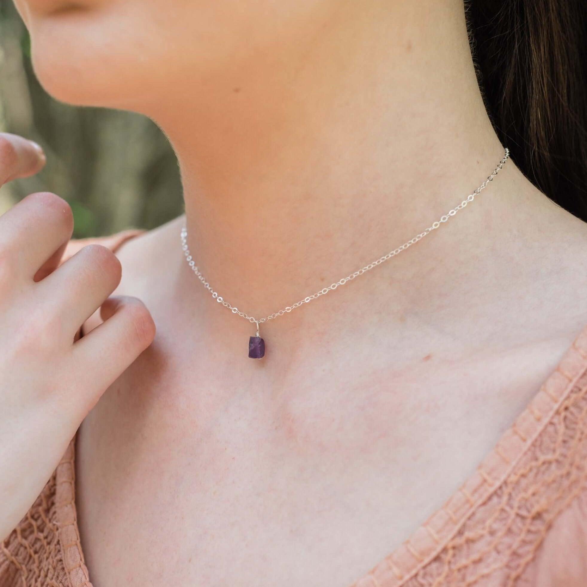 Tiny Rough Amethyst Gemstone Pendant Choker - Tiny Rough Amethyst Gemstone Pendant Choker - Sterling Silver / Cable - Luna Tide Handmade Crystal Jewellery