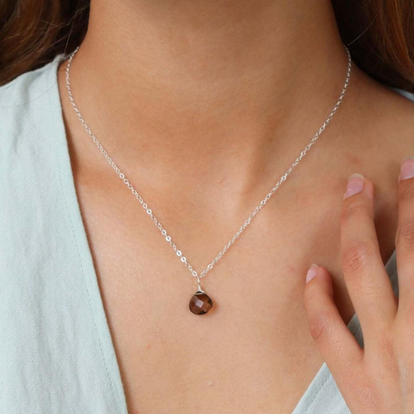 Tiny Smoky Quartz Teardrop Crystal Necklace - Tiny Smoky Quartz Teardrop Crystal Necklace - Sterling Silver / Cable - Luna Tide Handmade Crystal Jewellery