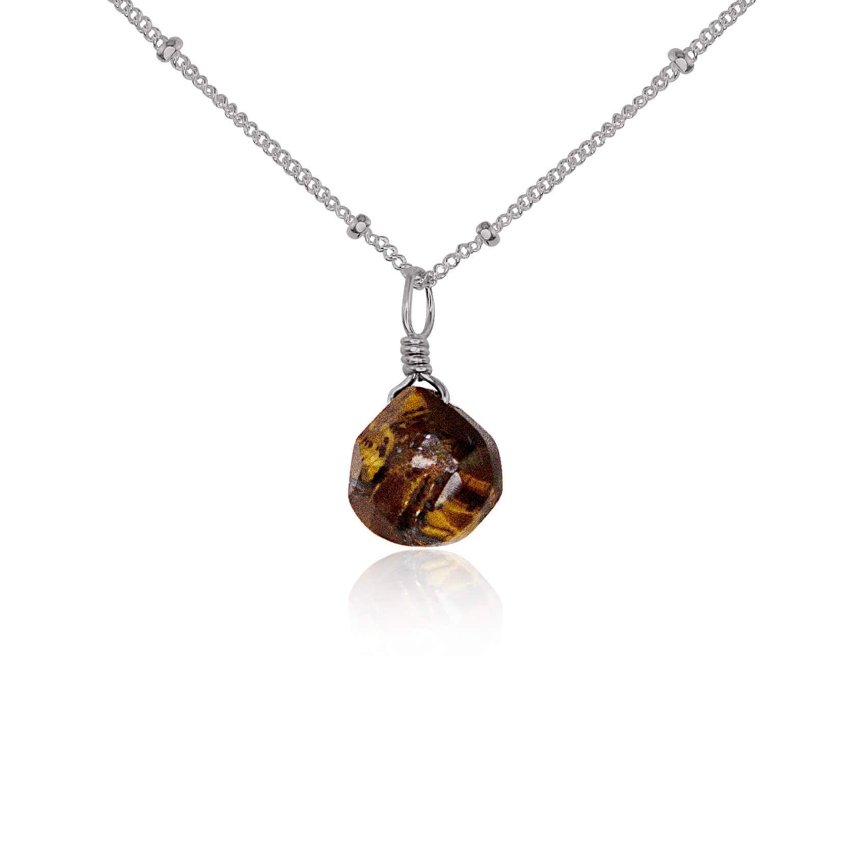 Tiny Tiger's Eye Teardrop Necklace - Tiny Tiger's Eye Teardrop Necklace - Stainless Steel / Satellite - Luna Tide Handmade Crystal Jewellery