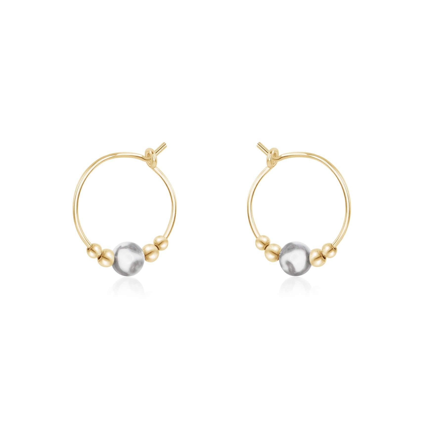 Tiny White Howlite Bead Hoop Earrings - Tiny White Howlite Bead Hoop Earrings - 14k Gold Fill - Luna Tide Handmade Crystal Jewellery