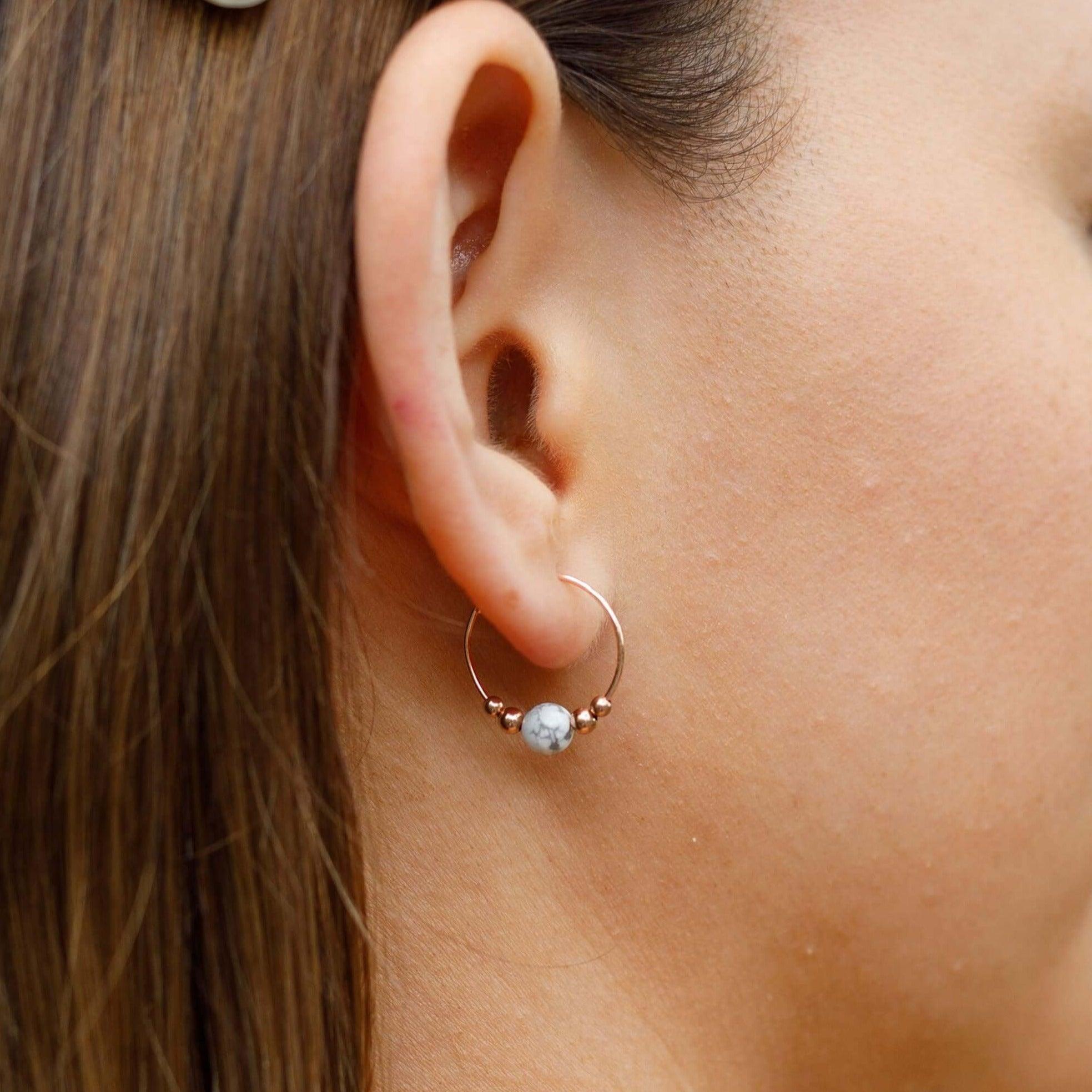 Tiny White Howlite Bead Hoop Earrings - Tiny White Howlite Bead Hoop Earrings - 14k Gold Fill - Luna Tide Handmade Crystal Jewellery