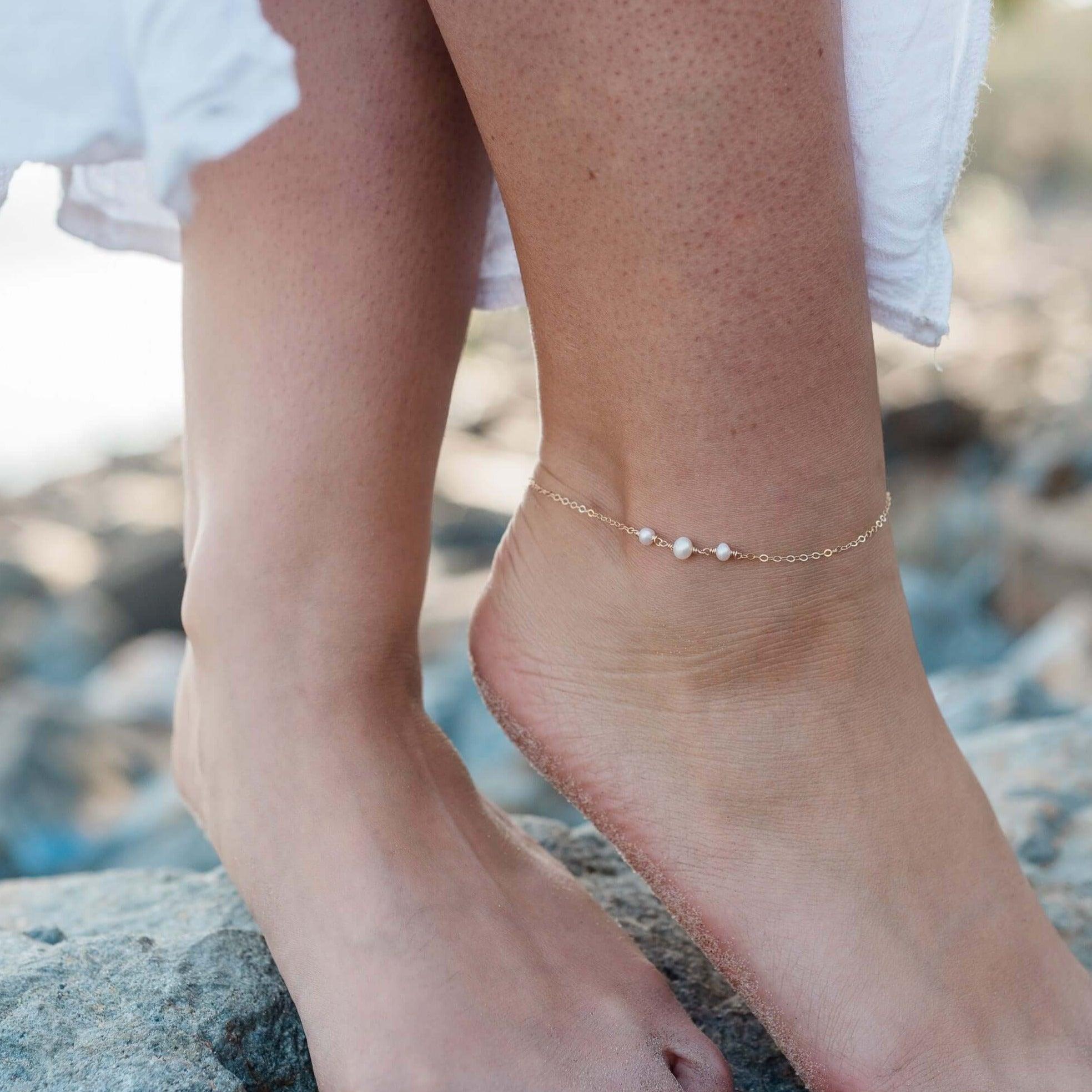 White Freshwater Pearl Beaded Chain Anklet - White Freshwater Pearl Beaded Chain Anklet - 14k Gold Fill - Luna Tide Handmade Crystal Jewellery