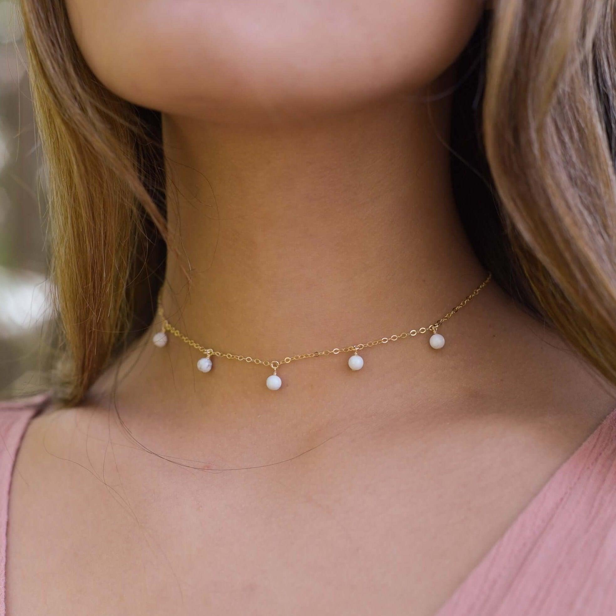 White Howlite Bead Drop Choker - White Howlite Bead Drop Choker - Sterling Silver - Luna Tide Handmade Crystal Jewellery