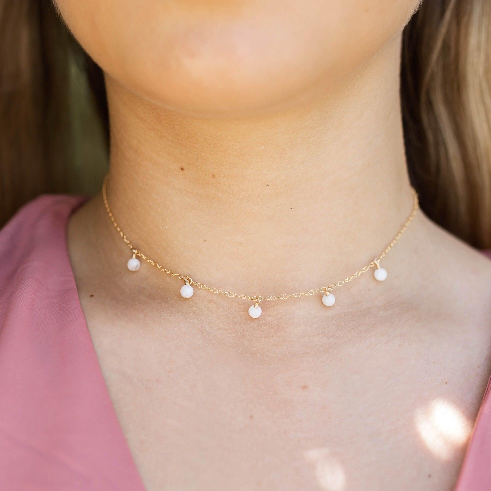 White Moonstone Bead Drop Choker - White Moonstone Bead Drop Choker - 14k Gold Fill - Luna Tide Handmade Crystal Jewellery