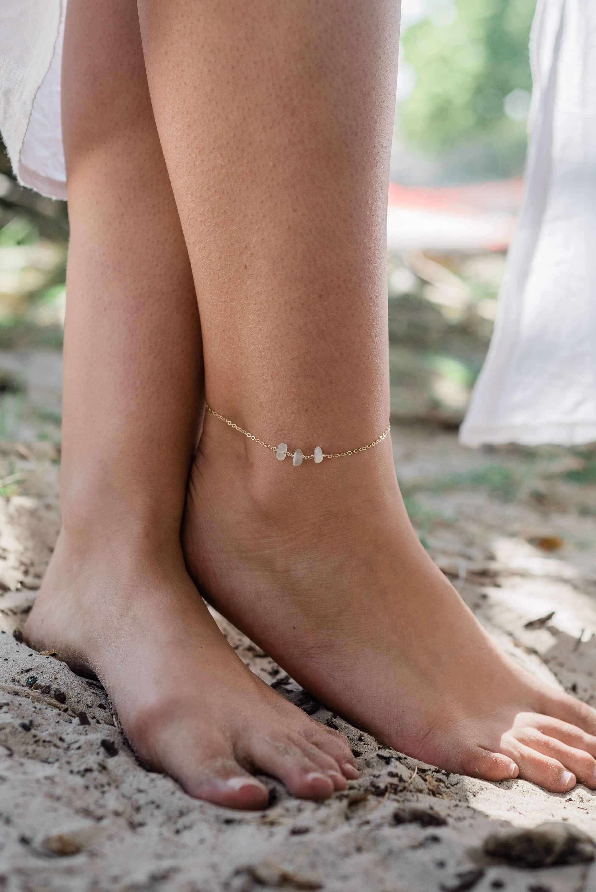 White Moonstone Beaded Chain Anklet - White Moonstone Beaded Chain Anklet - Sterling Silver - Luna Tide Handmade Crystal Jewellery