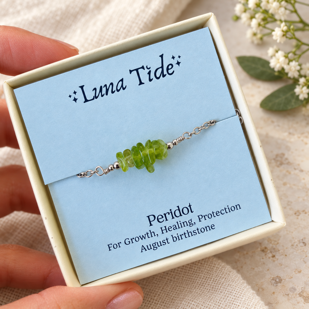 Peridot Crystal Chip Bead Bar Bracelet