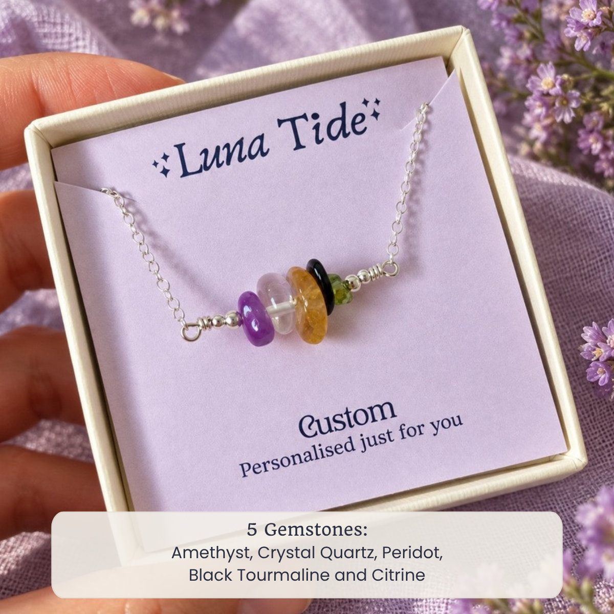 Custom crystal chip bead bar necklace with Amethyst, Crystal Quartz, Peridot, Black Tourmaline and Citrine in a Luna Tide gift box