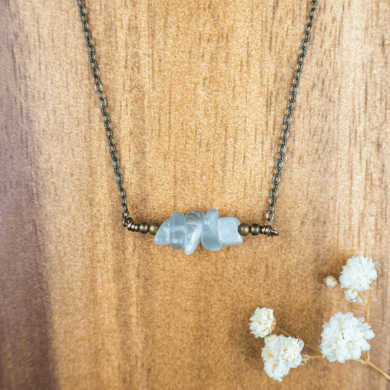 Bronze White Moonstone Chip Bead Bar Necklace