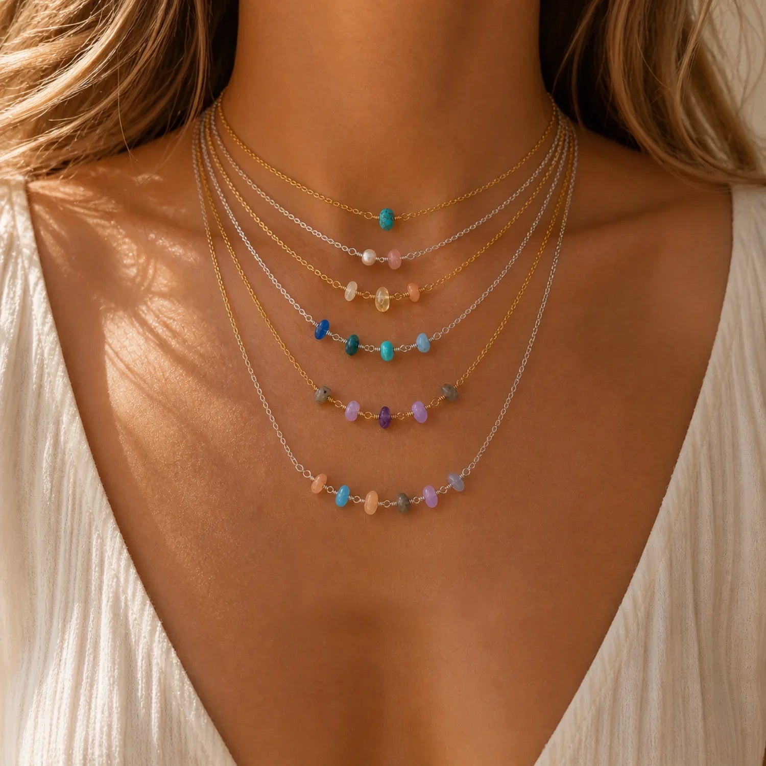 Custom Gemstone Beaded Chain Necklace - Custom Gemstone Beaded Chain Necklace - 14k Gold Fill / 30cm (12") - Choker - Luna Tide Handmade Crystal Jewellery