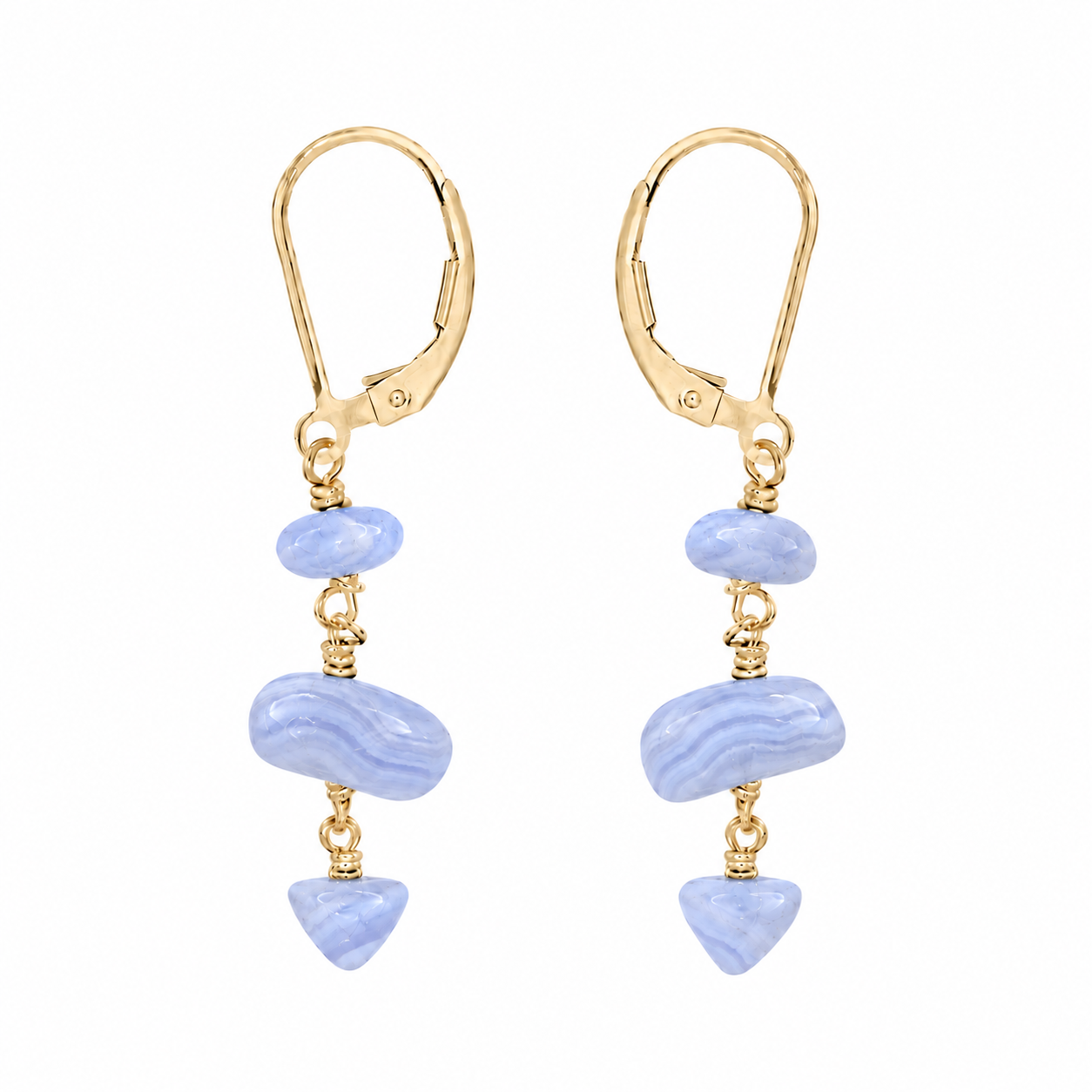 Blue Lace Agate Crystal Beaded Chain Dangle Leverback Earrings