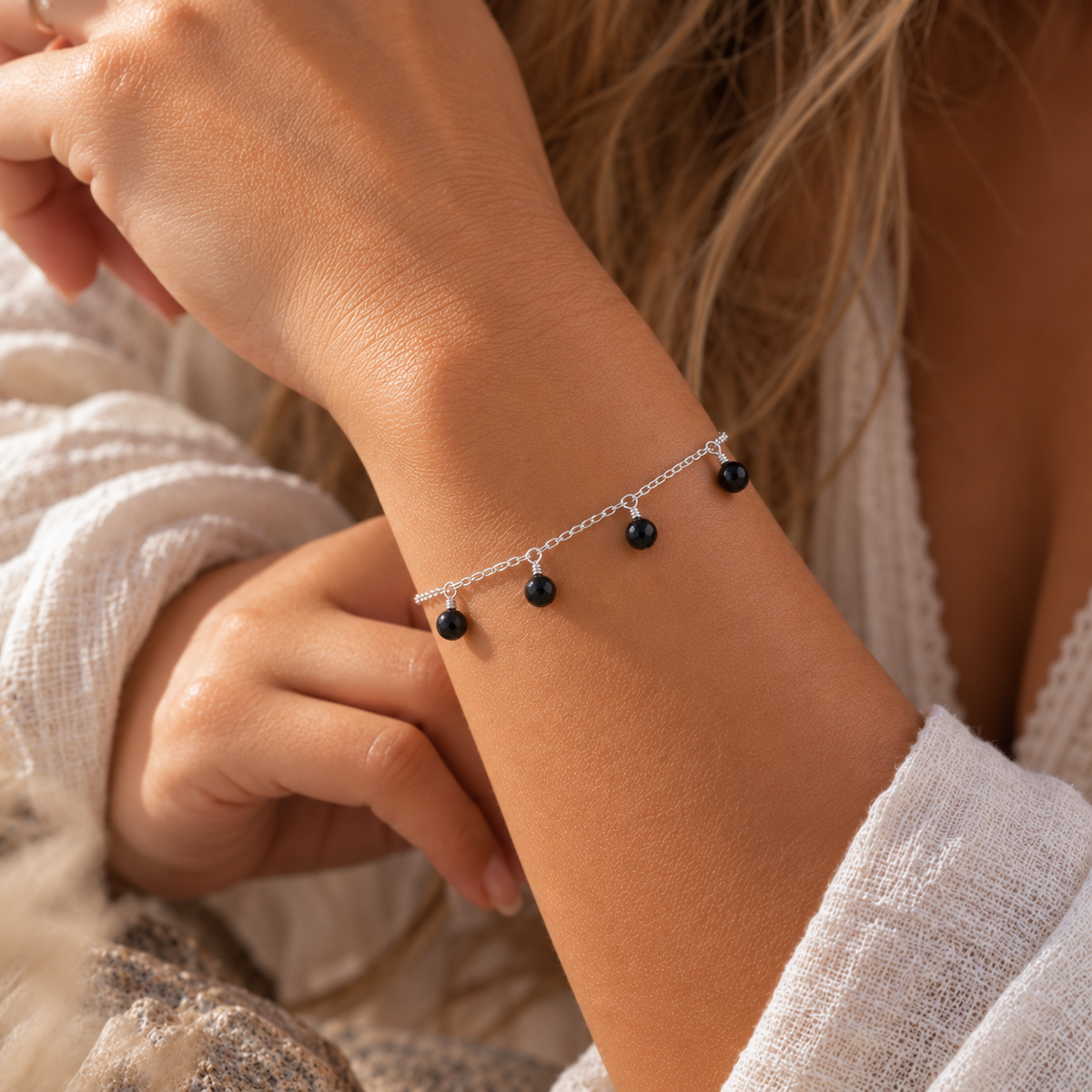 Black Onyx Boho Gemstone Bead Drop Charm Bracelet